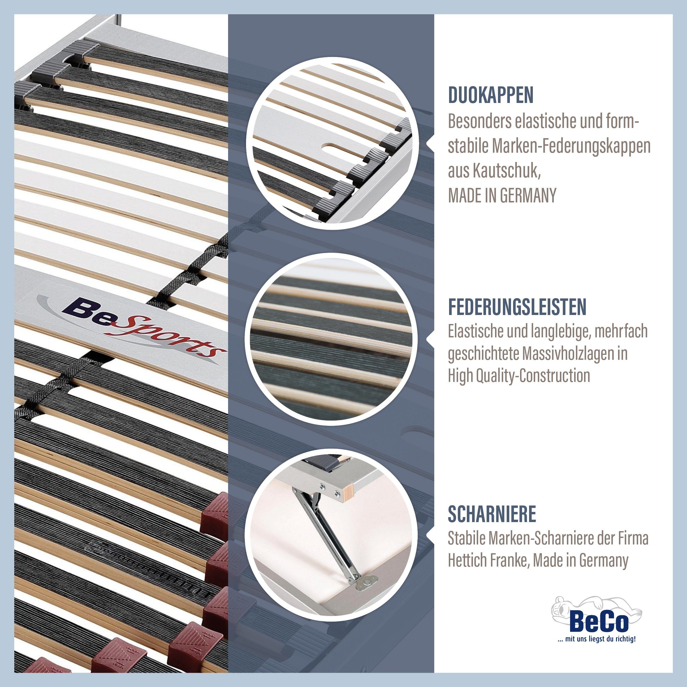 Lattenrost Lattenrost Duo Powerflex, Lattenrost in 90x200 cm und weiteren Größen, BeSports, Kopfteil manuell verstellbar, Fußteil manuell verstellbar, Lattenrost mit geringer Bauhöhe, 90x200 cm und weitere Größen