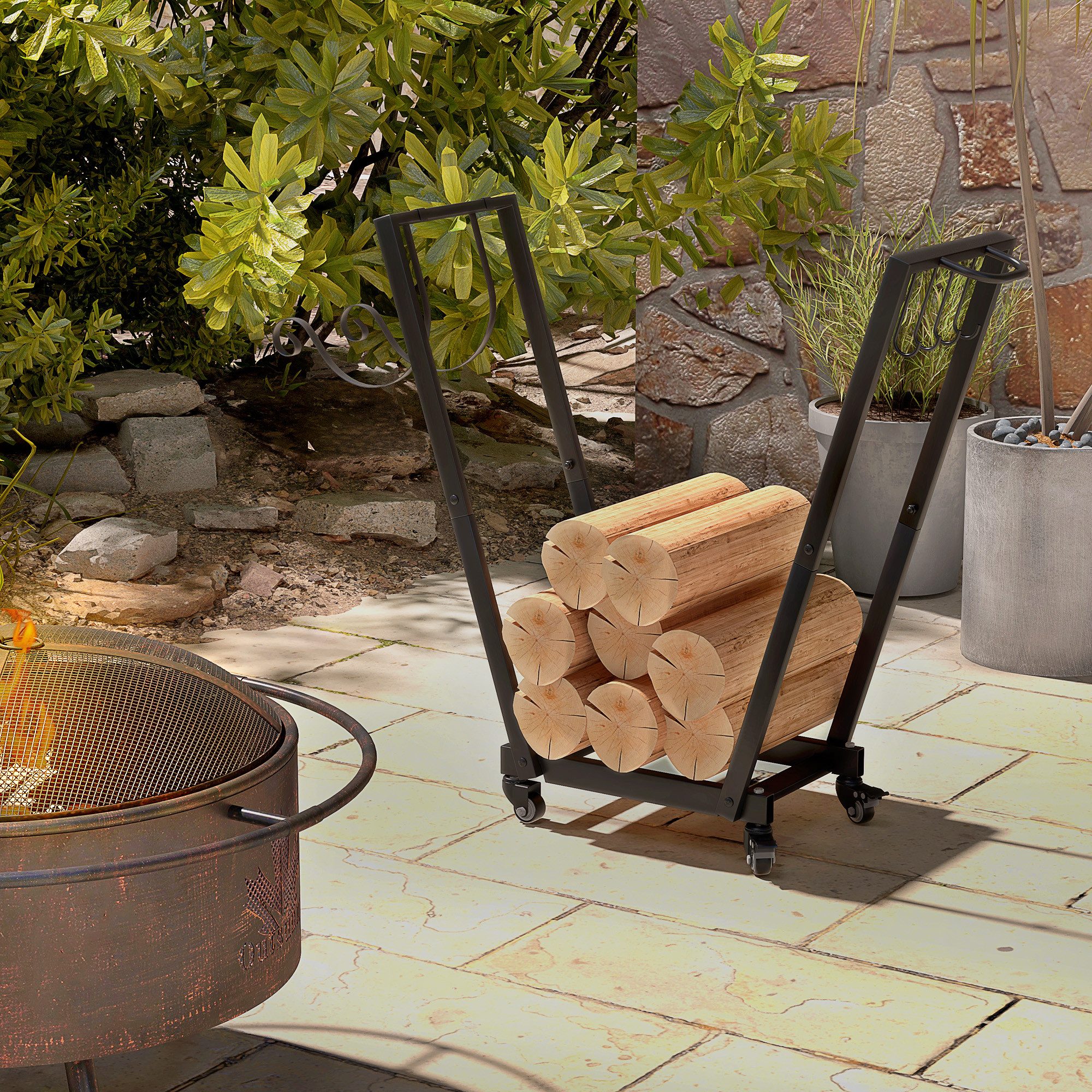 Outsunny Kaminholzregal Brennholzregal mit Rollen, Anzündholz- und Werkzeughaken, BxTxH:79x30x81 cm, (Kaminholzunterstand, 1-St., Feuerholzregal), Schwarz
