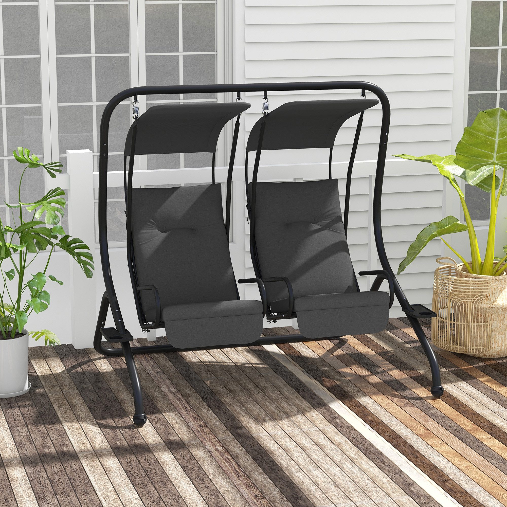 Outsunny Hollywoodschaukel mit Becherhalter, Sitzkissen, Sonnendach, belastbar bis 220kg, 2-Sitzer, mit Sonnendach, 2-Sitzer Gartenschaukel, 1 tlg., Schaukelbank, für Garten, Terrasse, 170 x 136 x 170 cm, Grau