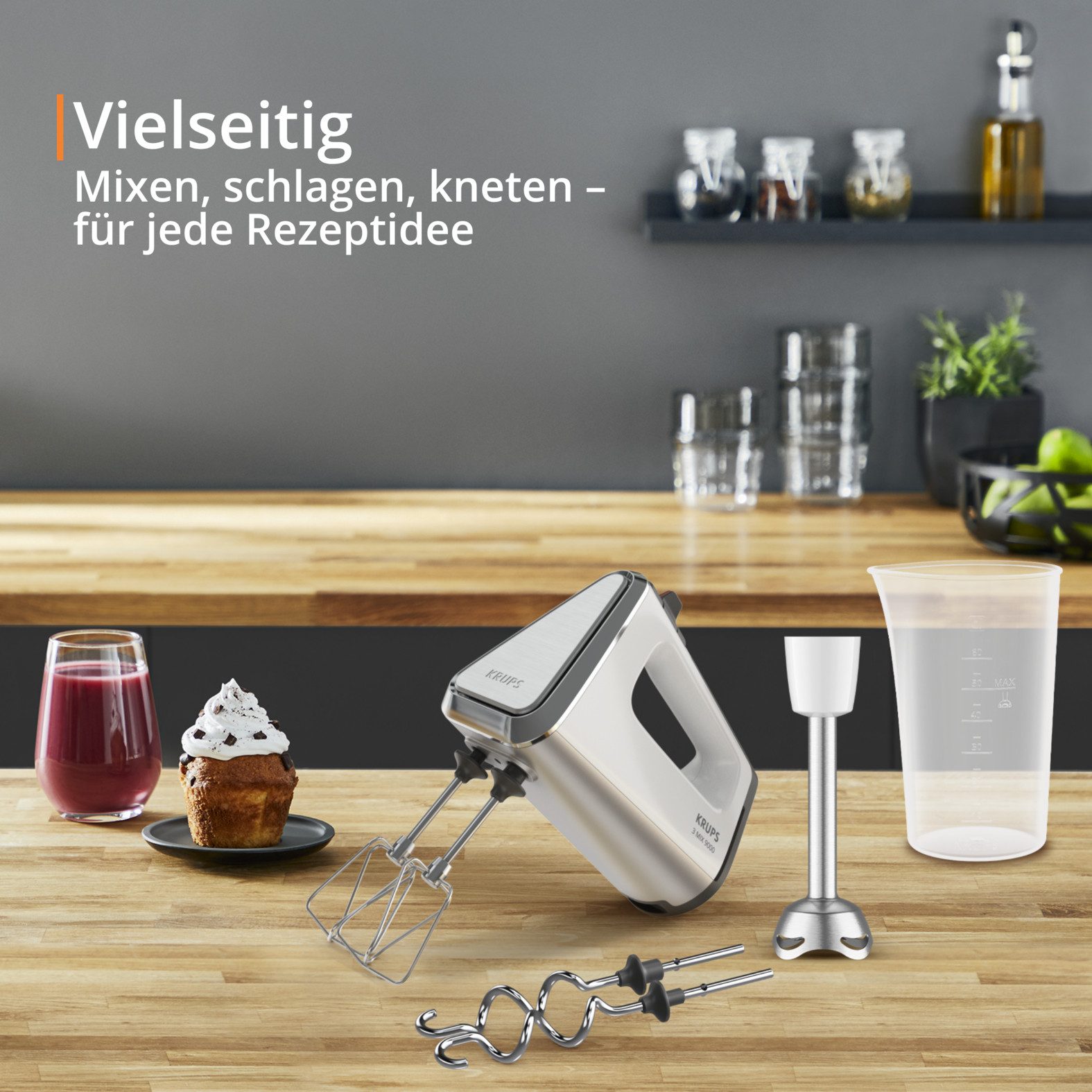 Krups Handmixer 3, Mix 9000, 750 W, inkl. Schneebesen, Knethaken, Pürierstab-Aufsatz, Messbecher, GN9121