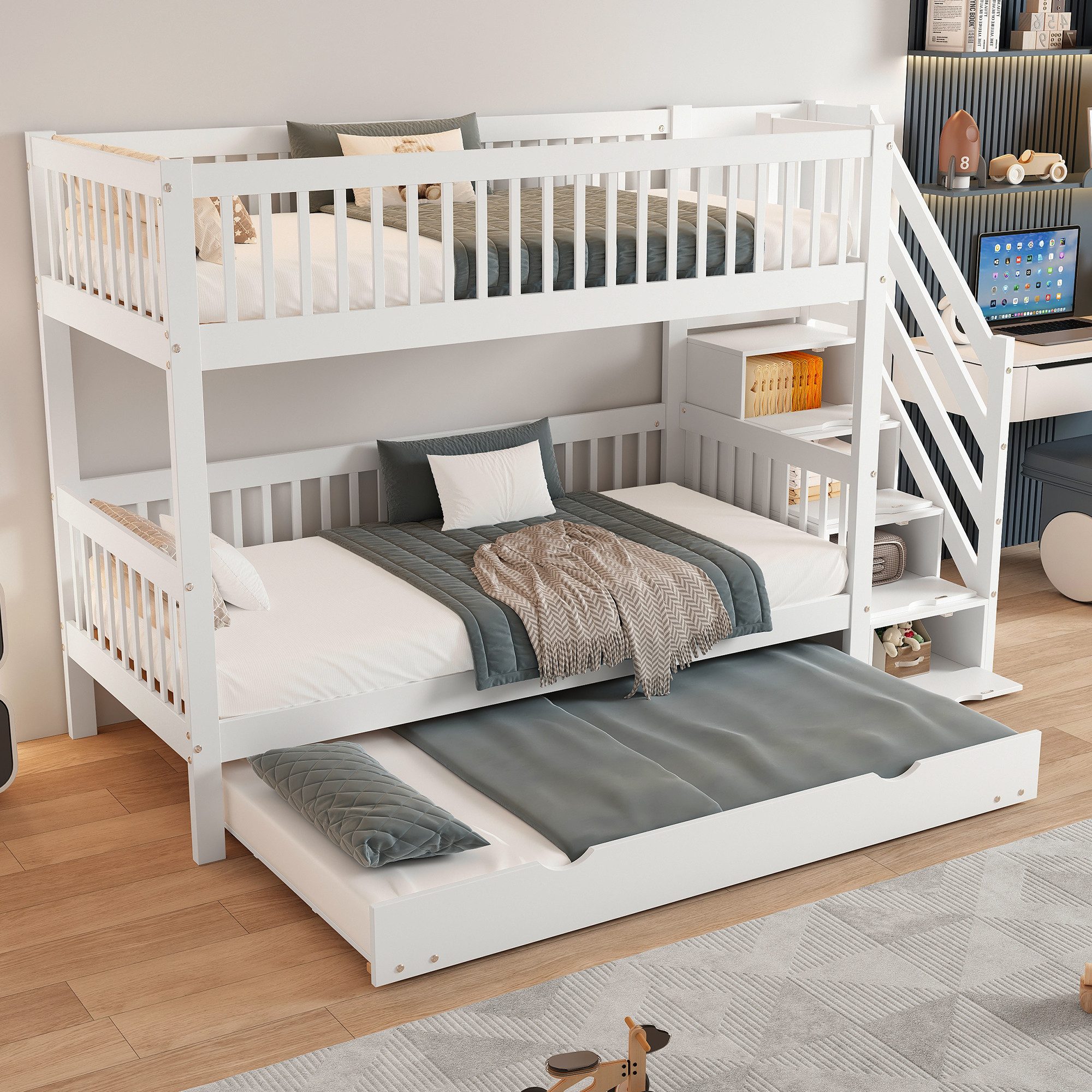 OKWISH Bunk Bed for Children with Rollaway Bed & Practical Ladder Wardrobe (Children's Bed with Additional Storage Space, 90x200/190 cm, with Additional Storage Space for Toys), Mattress Not Included – Flexible Sleeping and Playing Option