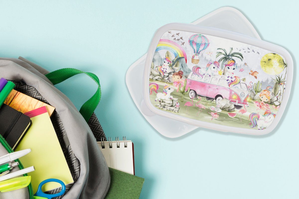 Mädchen Kinder Kunststoff, - weiß - Brotdose, Brotbox für Regenbogen Mädchen und Jungs und Einhorn MuchoWow - Erwachsene, für Auto, - (2-tlg), Kinder Lunchbox