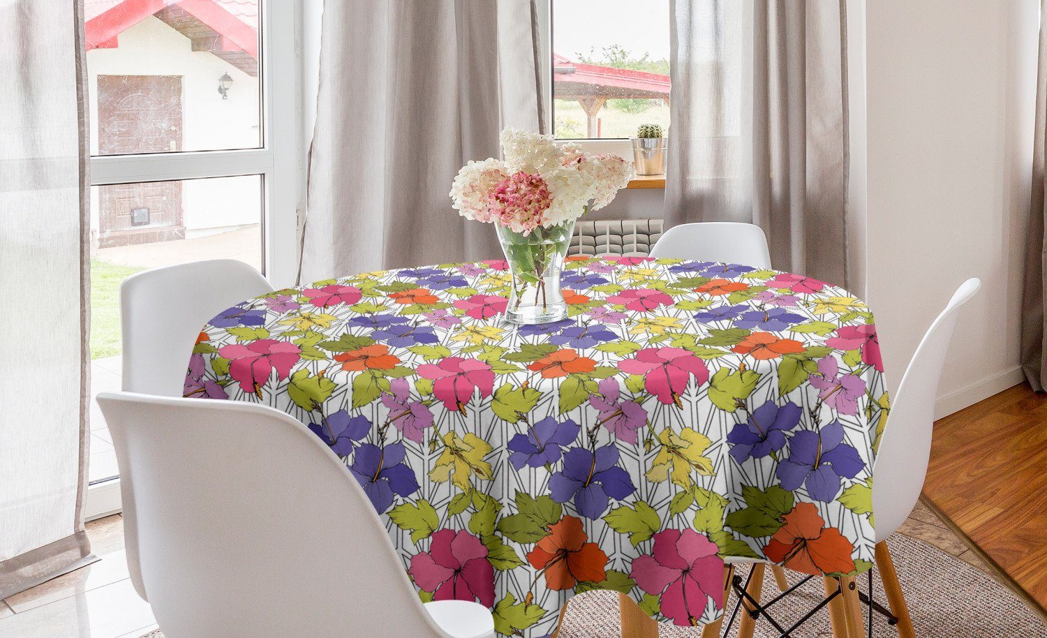 Abakuhaus Tischdecke Kreis Tischdecke Abdeckung für Esszimmer Küche Dekoration, Frühling Bunte Hibiscus Flora Gitter
