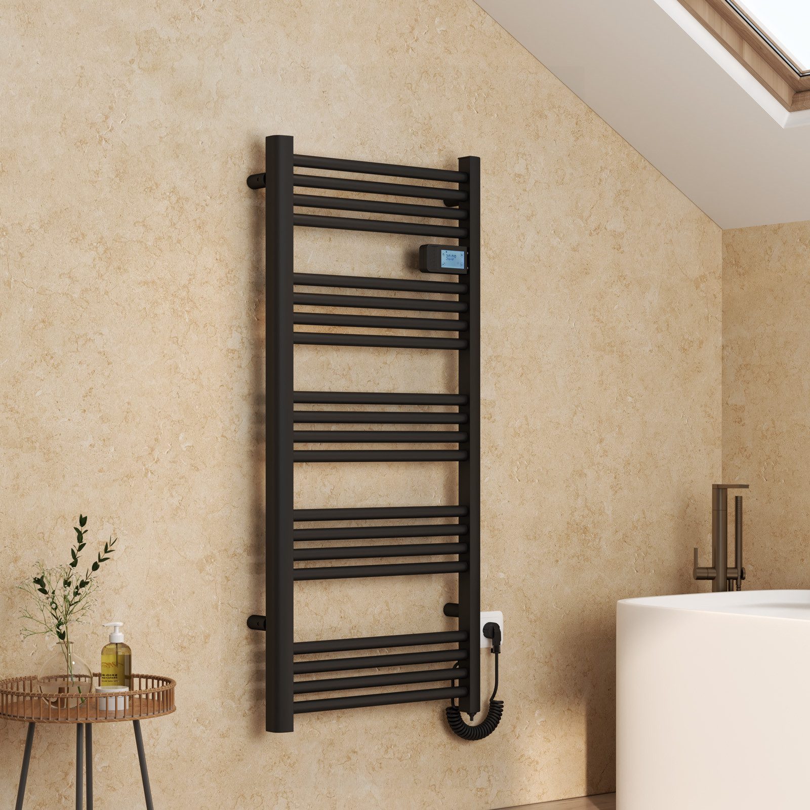 Elektrischer Badheizkörper 120x54 cm, Handtuchwärmer mit smart Thermostat Weiß Schwarz 600 Watt