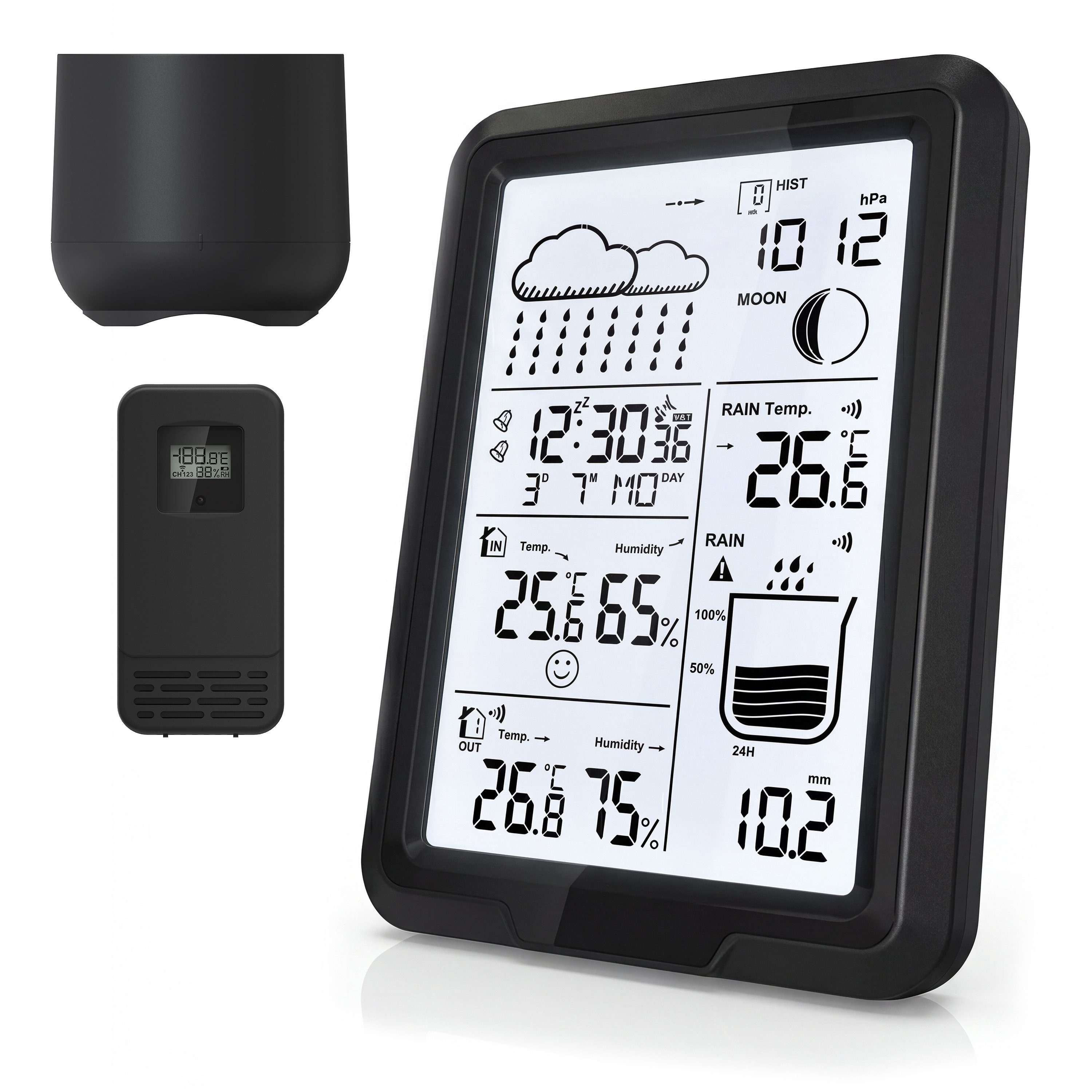 BEARWARE Funk, Außensensor, Regensensor, Temperatur Luftfeuchtigkeit Luftdruck Wetterstation (Außensensor und Regensensor, Innen Außentemperatur, Luftdruck, Regenmessung, DCF Wecker)