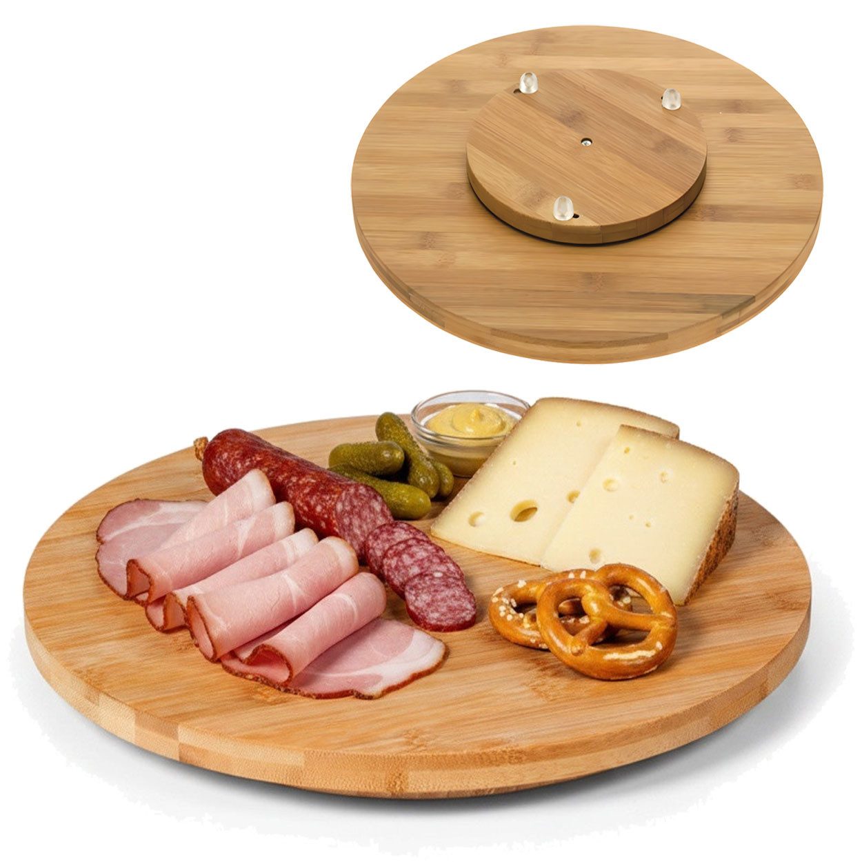 LS-LebenStil Servierplatte Holz Drehplatte 35cm Premium FSC Bambus Kugellager Serviertablett, Holz, (Drehteller Drehtablett Servierplatte Servierteller Serviertablett, 1-tlg., Tortenplatte drehbar), Pizzateller Vesperbrett Käsebrett Tablett Drehkabinett Kuchen