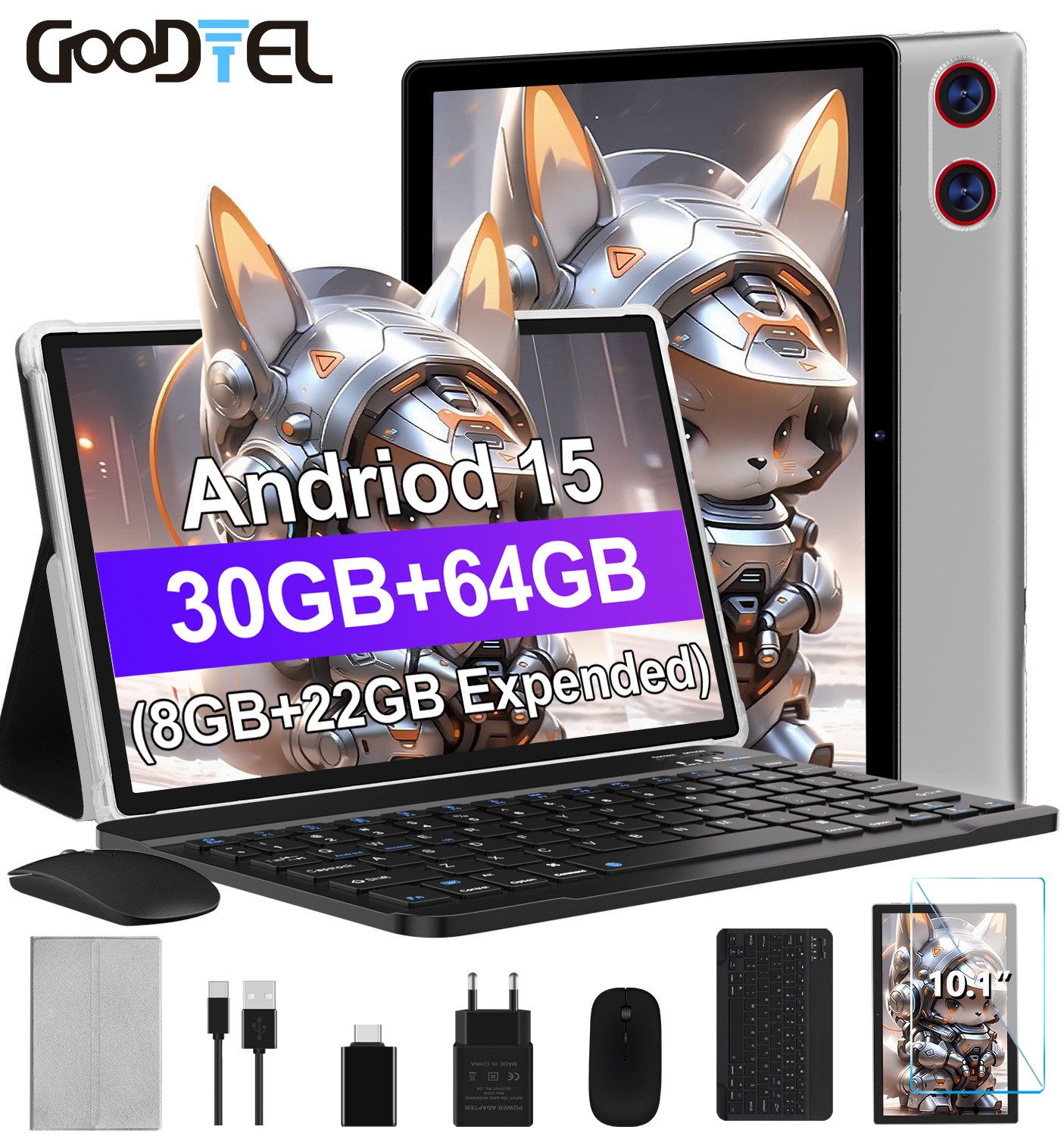 GOODTEL Tablet Android 15, WiFi, 30GB RAM 64GB Speicher erweitern bis zu 1TB Tablet (10,1", Android 15, 64GB Speicher/erweiterbar auf 512TB,6000mAh,Gemini AI,WiFi,Widevine L1)