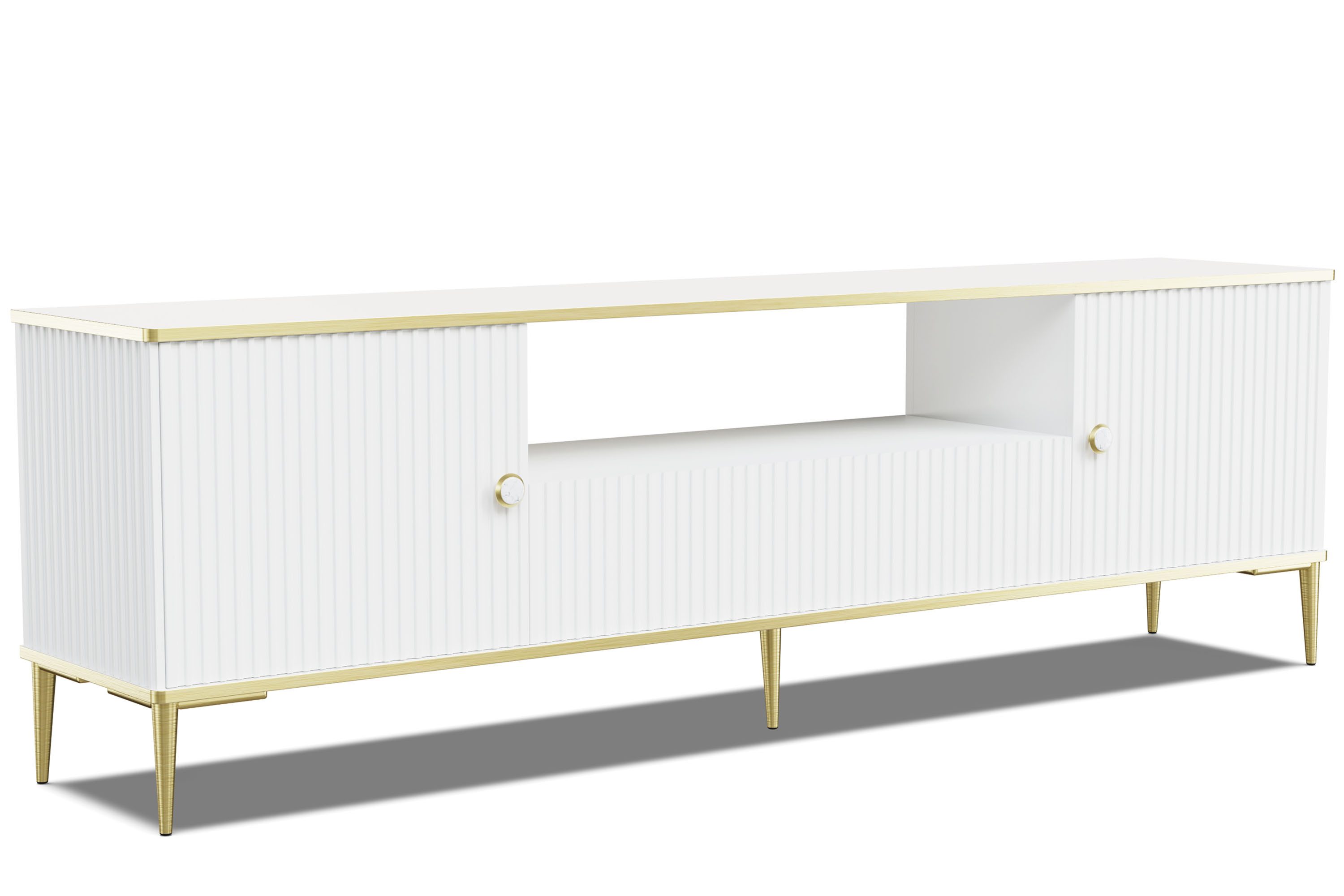 KONSIMO® TV-Schrank EBIS Lowboard, Fernsehtisch, TV Board, Glamour goldene Füße 15 cm, ABS-verstärkte Kanten, mit dekorativer Fräsung
