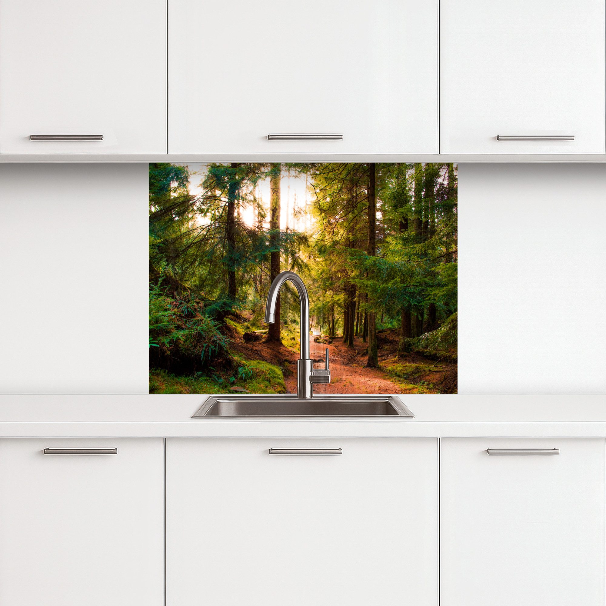 KitchenYeah Küchenrückwand selbstklebend Wald - Weg - Bäume - Grün - Sonne günstig online kaufen