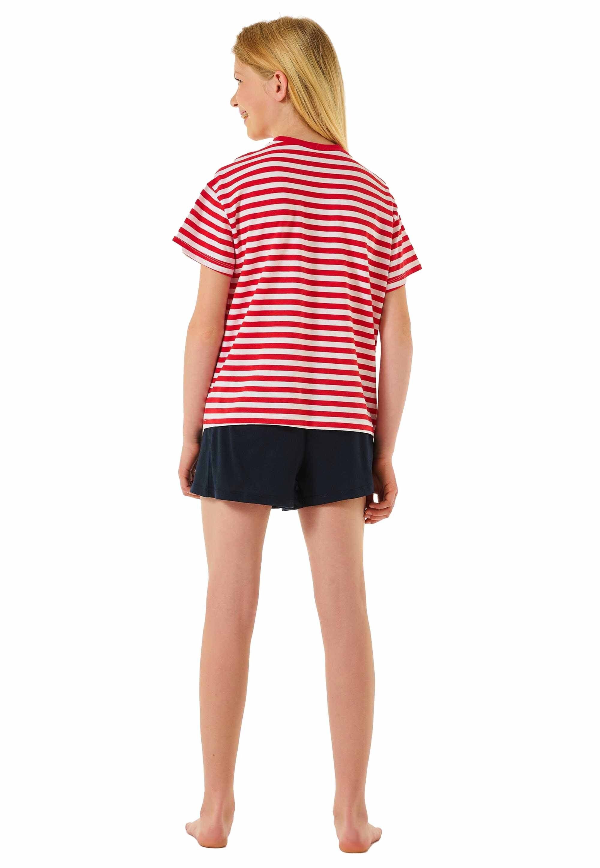 Teens Mädchen Schlafanzug Set Schiesser Pyjama - Rot/Weiß/Dunkelblau kurz,