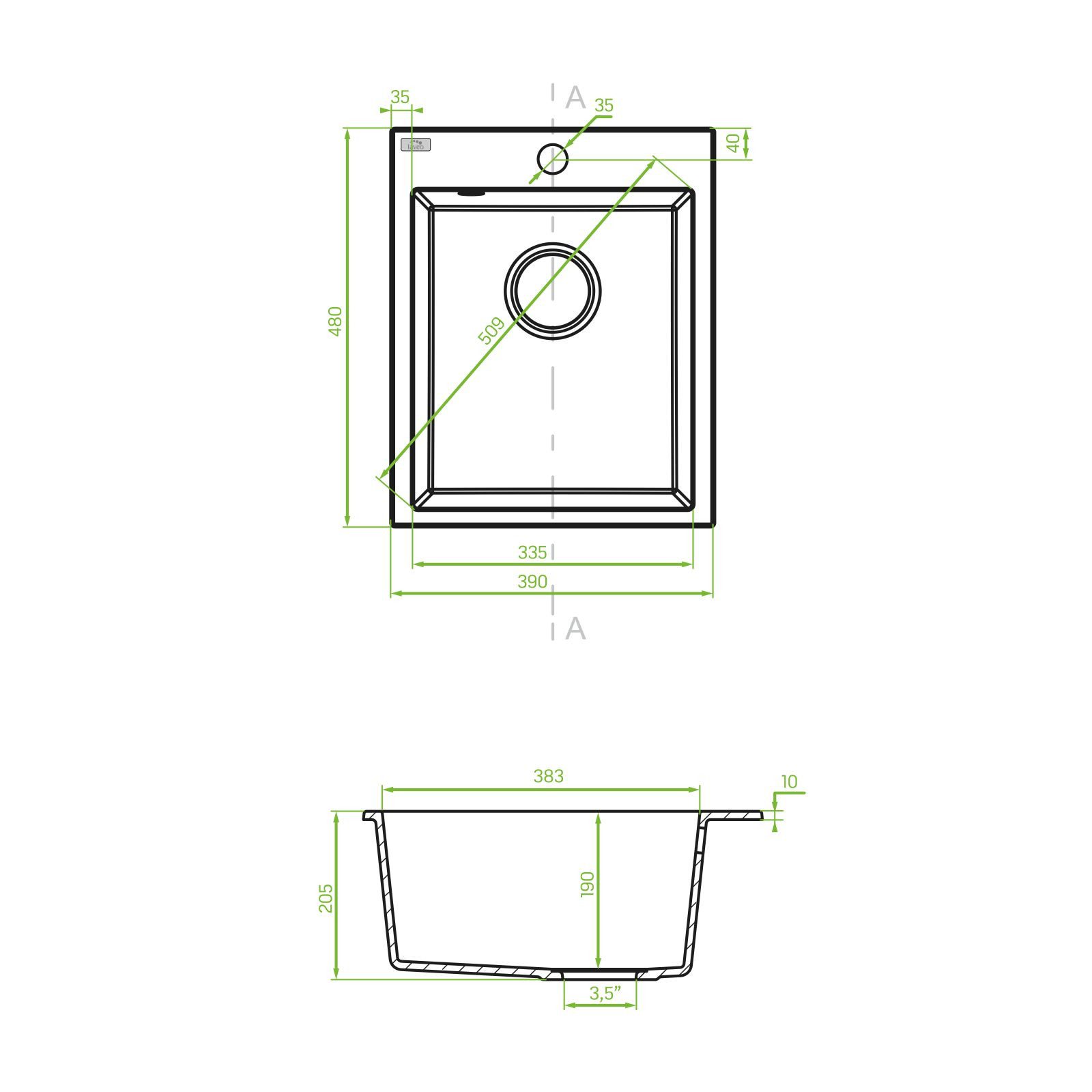 Granite sink, built-in sink CHICHI made of granite (39 × 48 cm), 1 bowl, beige kitchen sink, rectangular, matte, granite sink, rectangular sink, sink basin, kitchen equipment