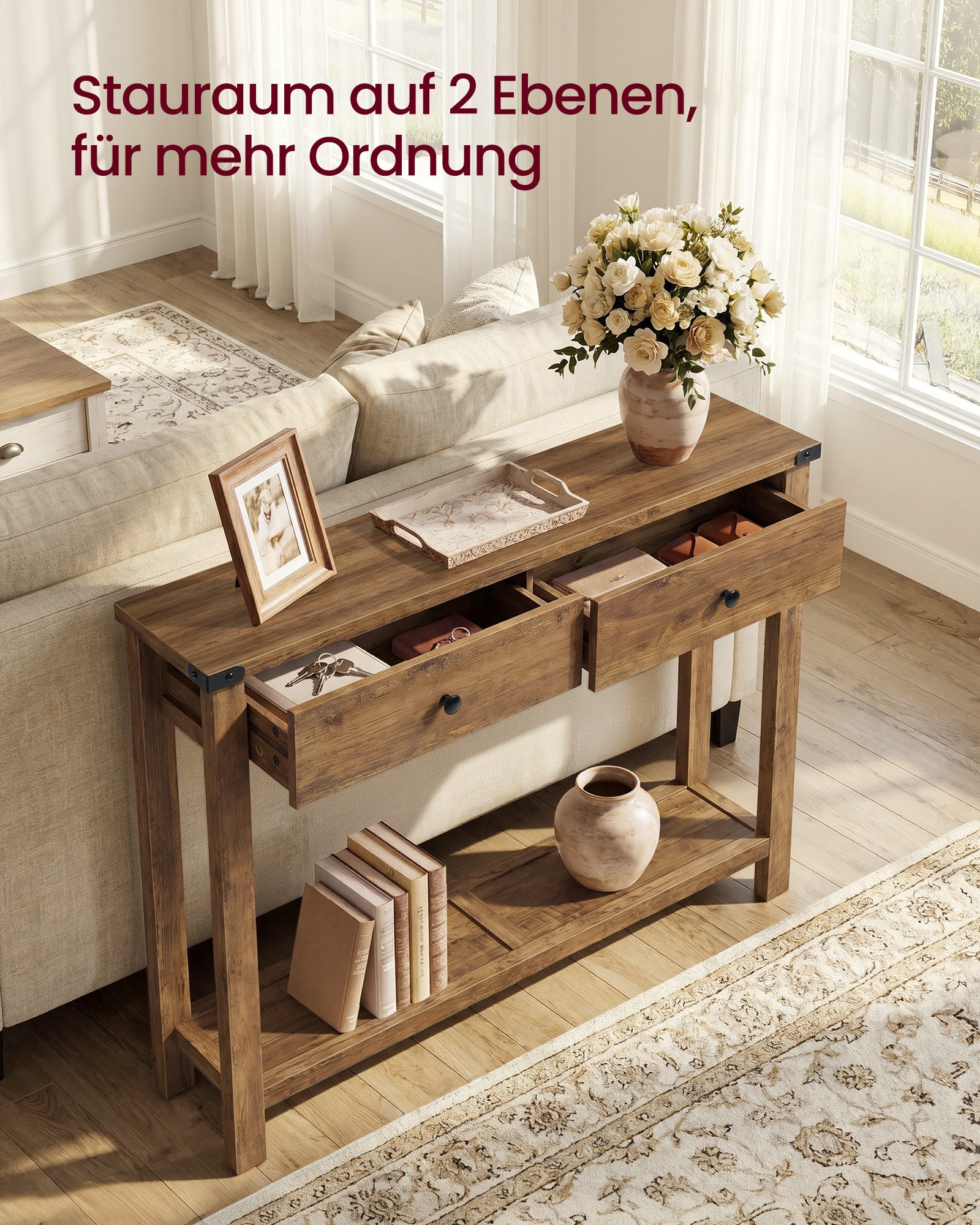 VASAGLE Konsolentisch Beistelltisch, schmaler Sofatisch, mit 2 Schubladen und einer Ablage, Landhausstil