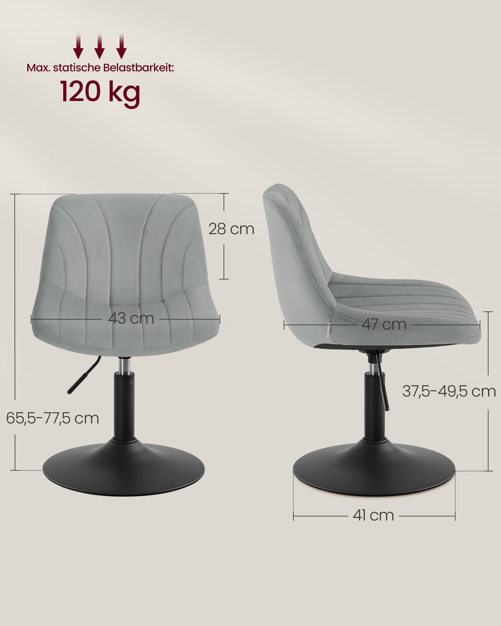 VASAGLE Barhocker Barstuhl, Küchenhocker, höhenverstellbar, um 360° drehbar (1 St), 46,5 x 43 x (65,5-77,5) cm (T x B x H), für Esszimmer, Küche