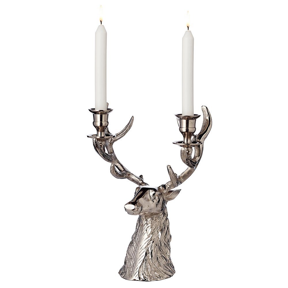 Hirschgeweih, EDZARD Kerzenleuchter Silber-Optik Stabkerzen, cm im mit Höhe Kerzenständer Kerzenhalter Aluminium, 33 aus 2 Hirsch-Design für
