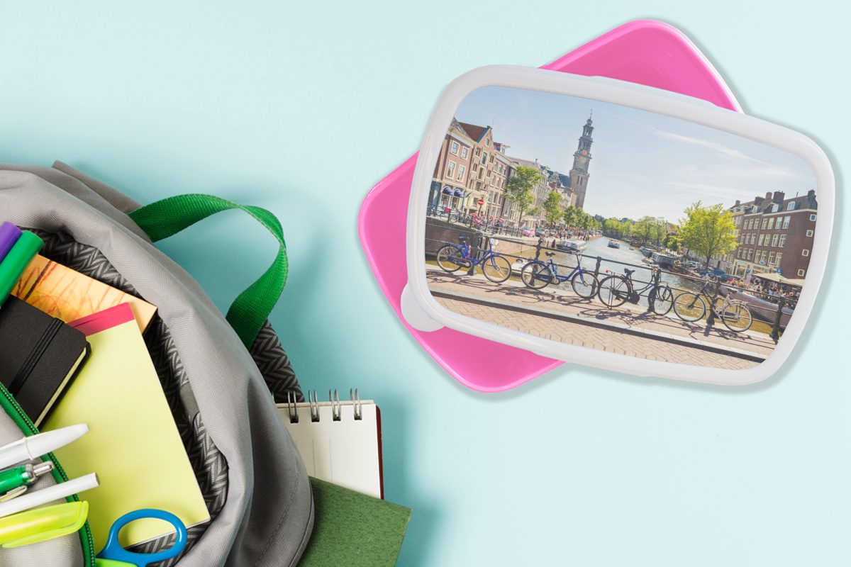Erwachsene, Fahrrad rosa Snackbox, Kinder, Kunststoff, Gracht, Amsterdam für (2-tlg), Lunchbox Kunststoff MuchoWow - - Brotbox Brotdose Mädchen,