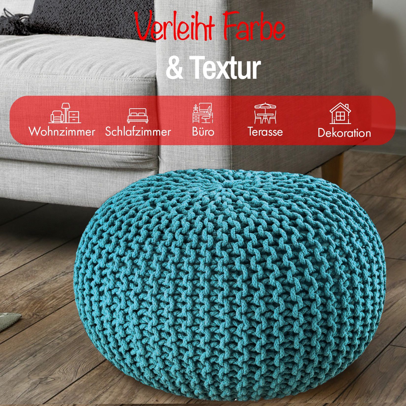 ELYFLAIR Pouf ELYFLAIR® Handgestrickter Pouf Hellblau 100% Material recyceltem aus