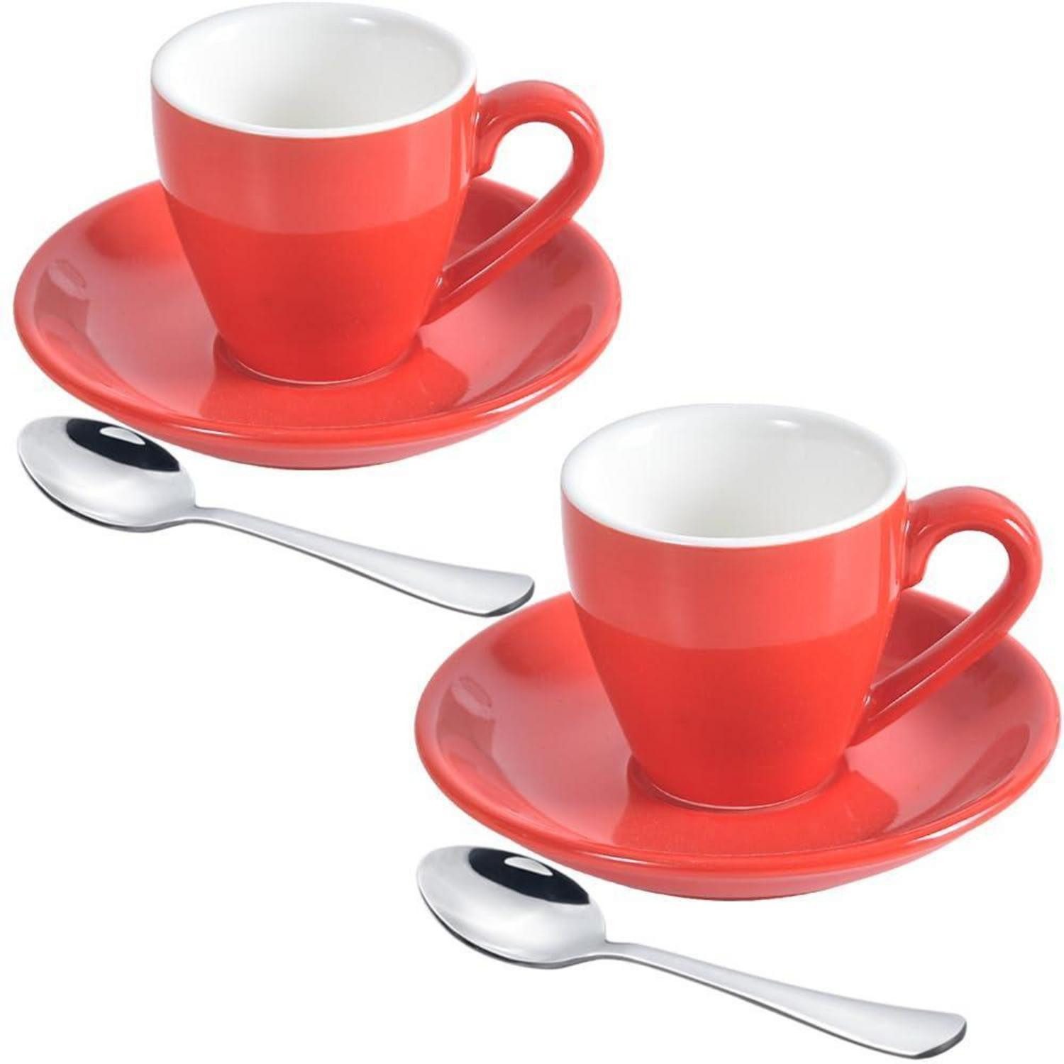 LuxusKollektion Espressotasse Espresso-Tasse mit Untertasse & Löffel 80ml Rot 2er-Set, Keramik