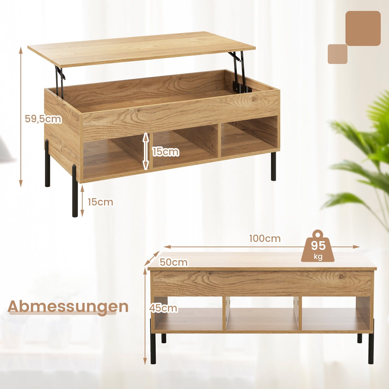 COSTWAY Couchtisch Wohnzimmertisch höhenverstellbar, mit Stauraum, Holz – Bild 5 von 5