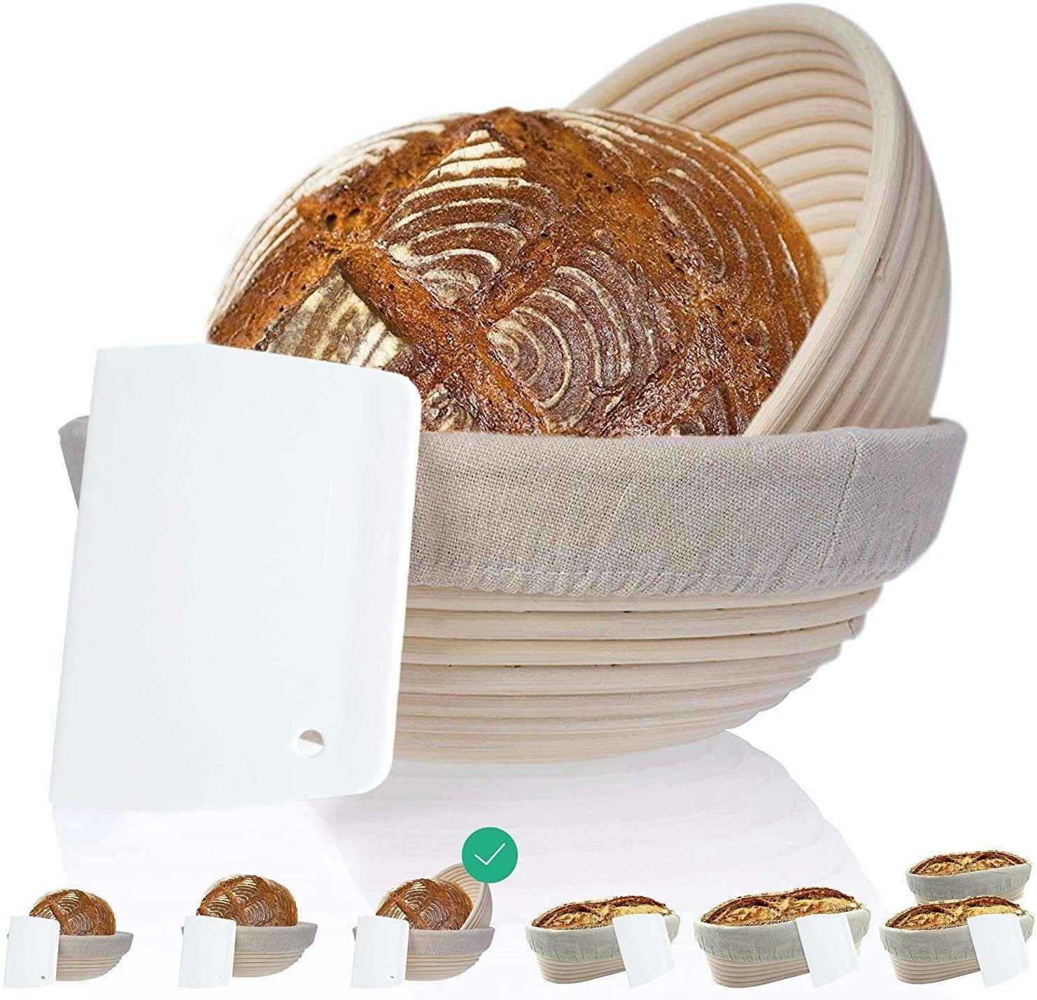 riijk Gärkorb inkl. Gratis Teigschaber, (Gärkörbchen 22cm und 25 cm, zwei Leinentücher und ein Teigschaber), Brotkorb 2er Set + Leinentücher u. Teigschaber