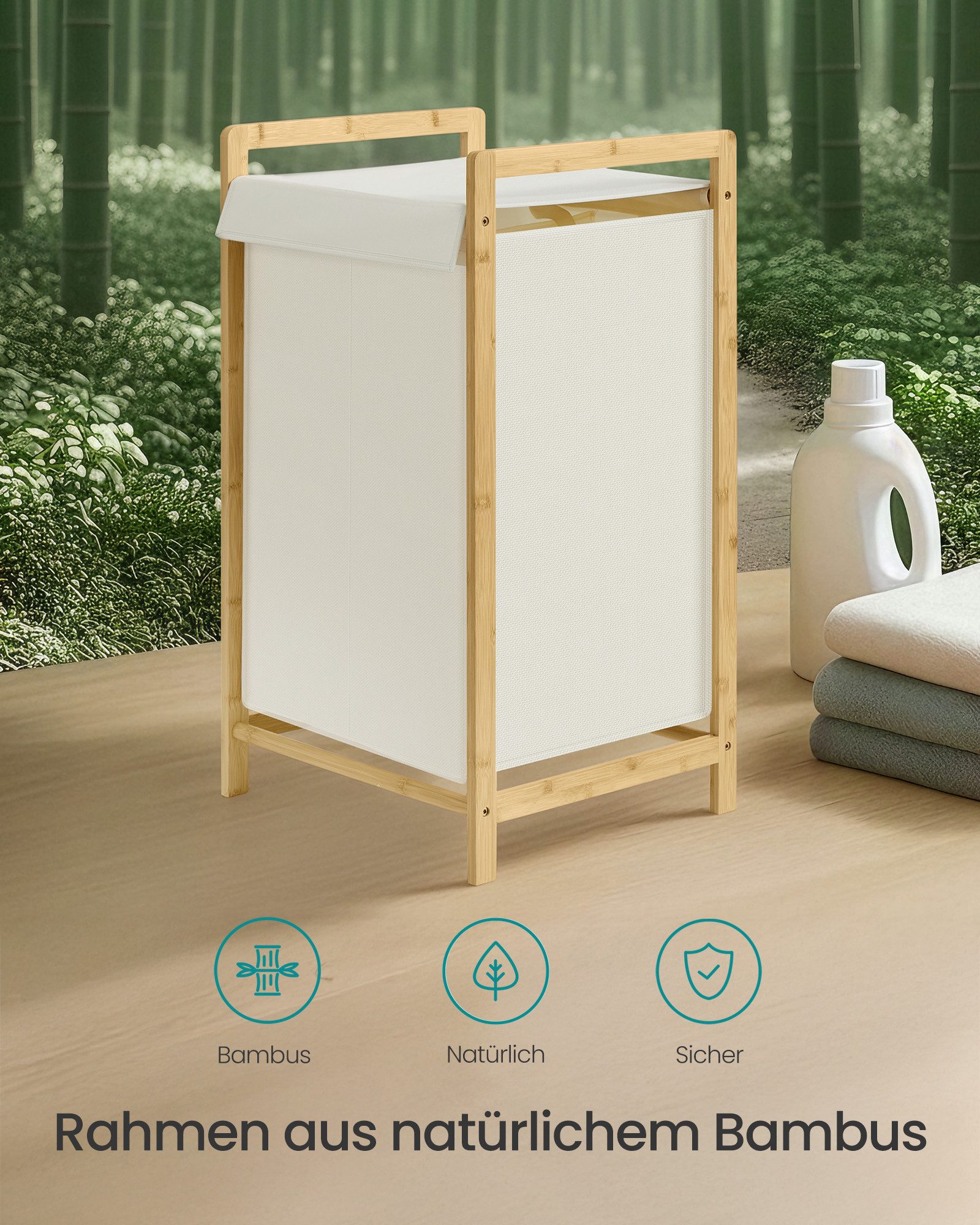 SONGMICS Wäschekorb Wäschesammler mit Bambusrahmen, verstärkter und abnehmbarer Deckel, 2 Fächer, Wäschesack abnehmbar, Wäschesortierer 100 L, 45 x 40 x 78 cm – Bild 4 von 5