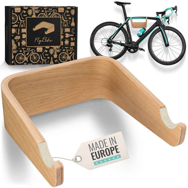 madeco Fahrradwandhalterung FlyBike Fahrrad Wandhalterung Holz - Design Fahrradhalter für Wohnung (mit Fischer Dübeln und Wollfilz Rahmenschutz), für Rennrad, Fixie, Singlespeed, Gravel Bike, Mountainbike