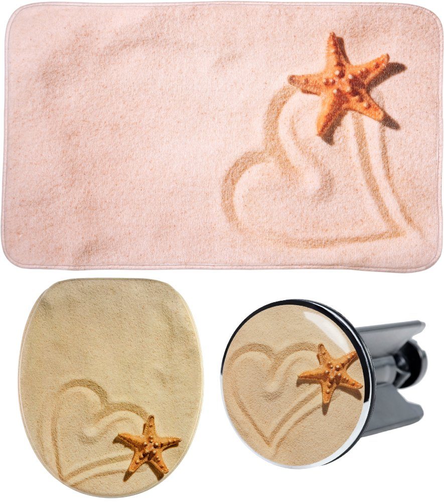 Sanilo Badaccessoire-Set 3-teilig Sandy, WC-Sitz mit Absenkautomatik, Badteppich 70 x 110 cm, Waschbeckenstöpsel, 3 tlg., hochwertig & modern, universell, leichte Montage
