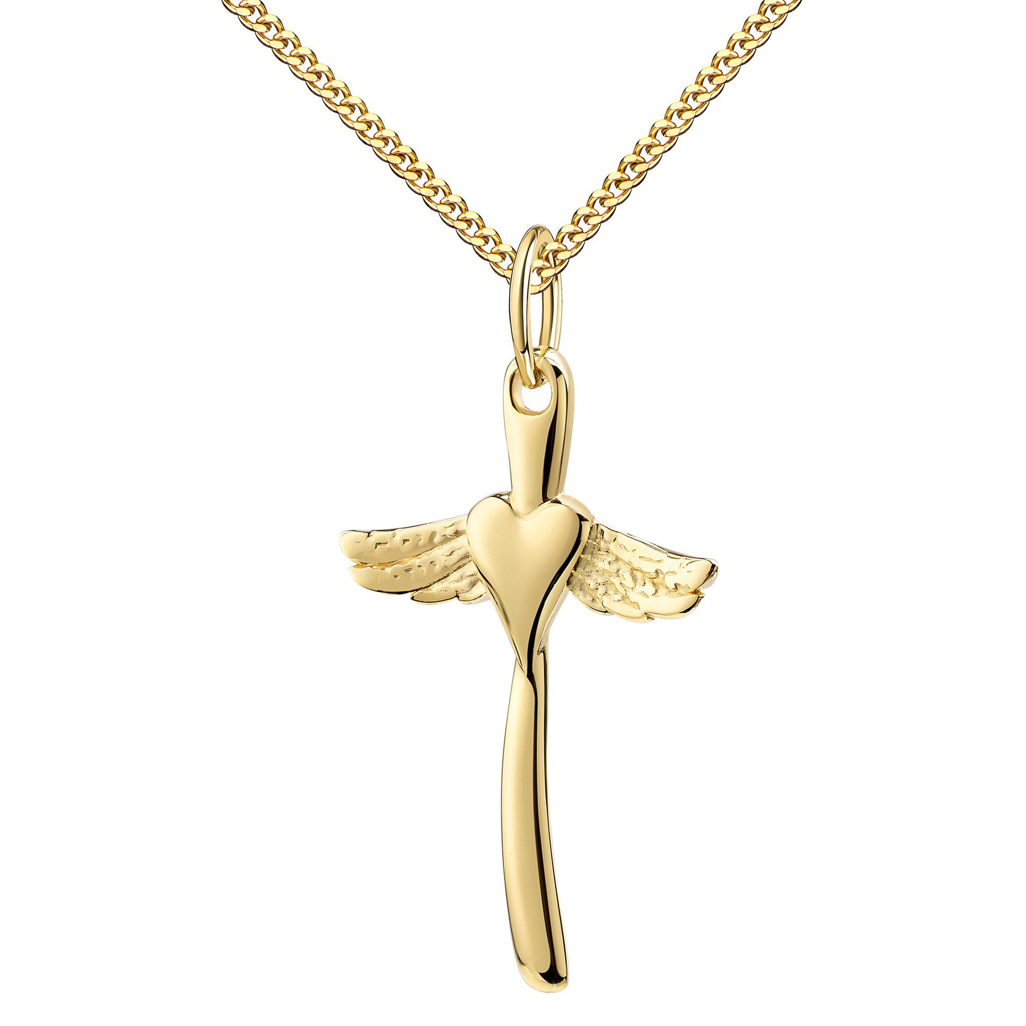 Kreuzkette kleiner Kreuz-Anhänger Herz mit Engelsflügel 333 Gelbgold - 8 Karat