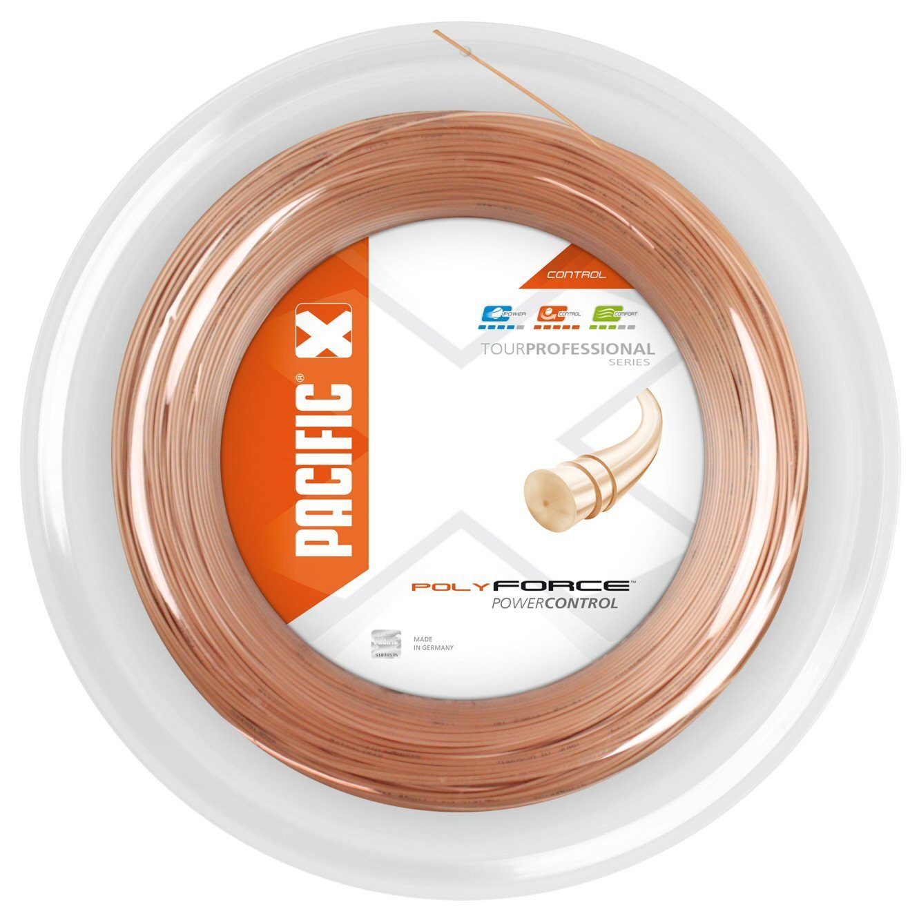 Pacific Tennissaite Poly Force (Haltbarkeit+Kontrolle) lightorange 200m Rolle, Saitendicke: 1.29
