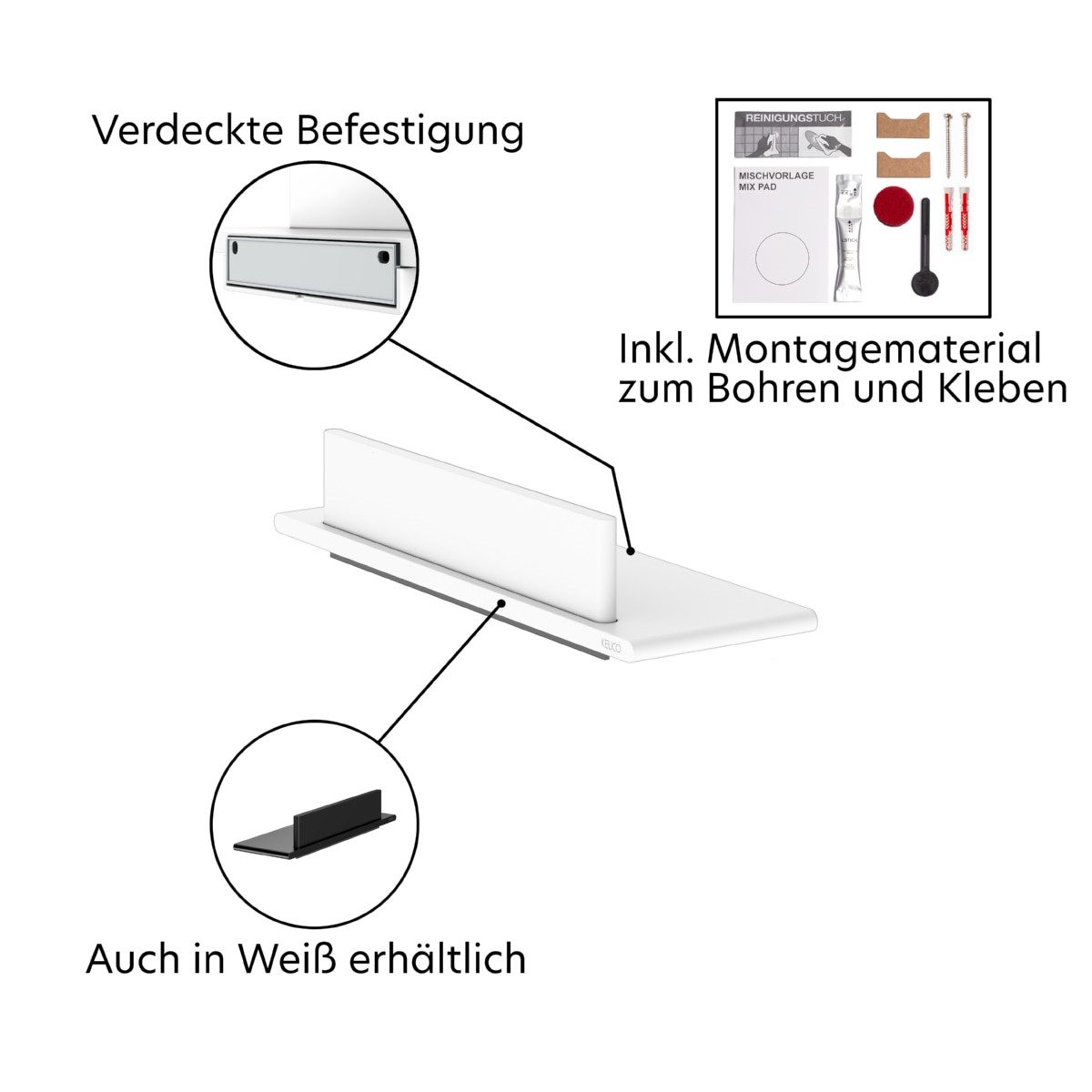 Keuco Duschablage ROSE, 33 cm, Aluminium, weiß matt, Made in Germany, zum Kleben/Schrauben