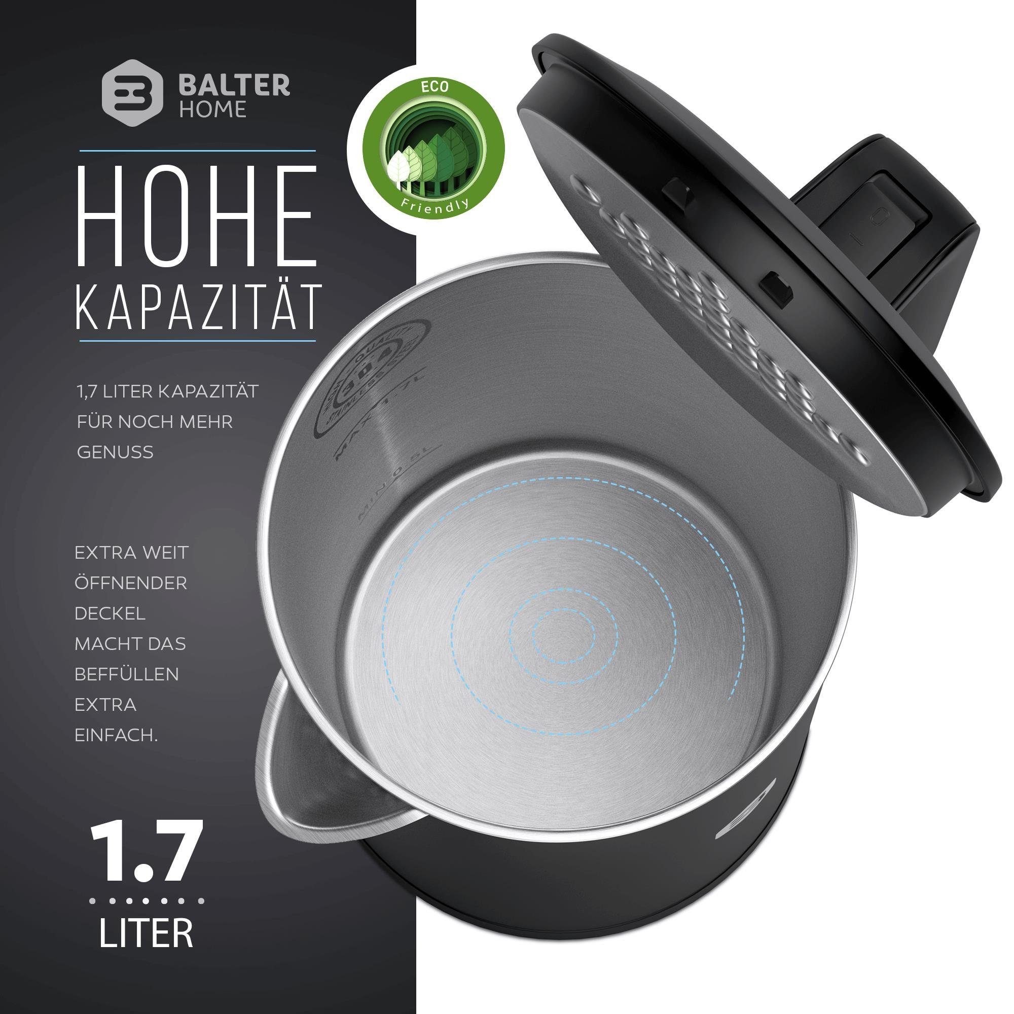 Wasserkocher Design, 1,7 BPA Liter, schwarz Balter Doppelwand Edelstahl, LED, WK-4, frei,