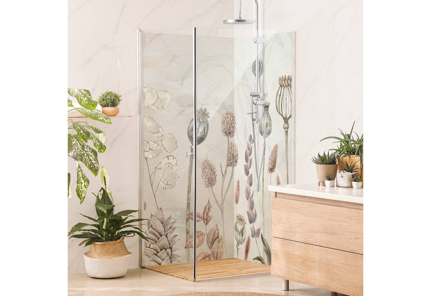Thumbnail - Bilderdepot24 Badrückwand Blumen beige Duschrückwand ohne Bohren Dusche Aquarell, (2-tlg., Hart-Folie Smart matt 0,35 mm...