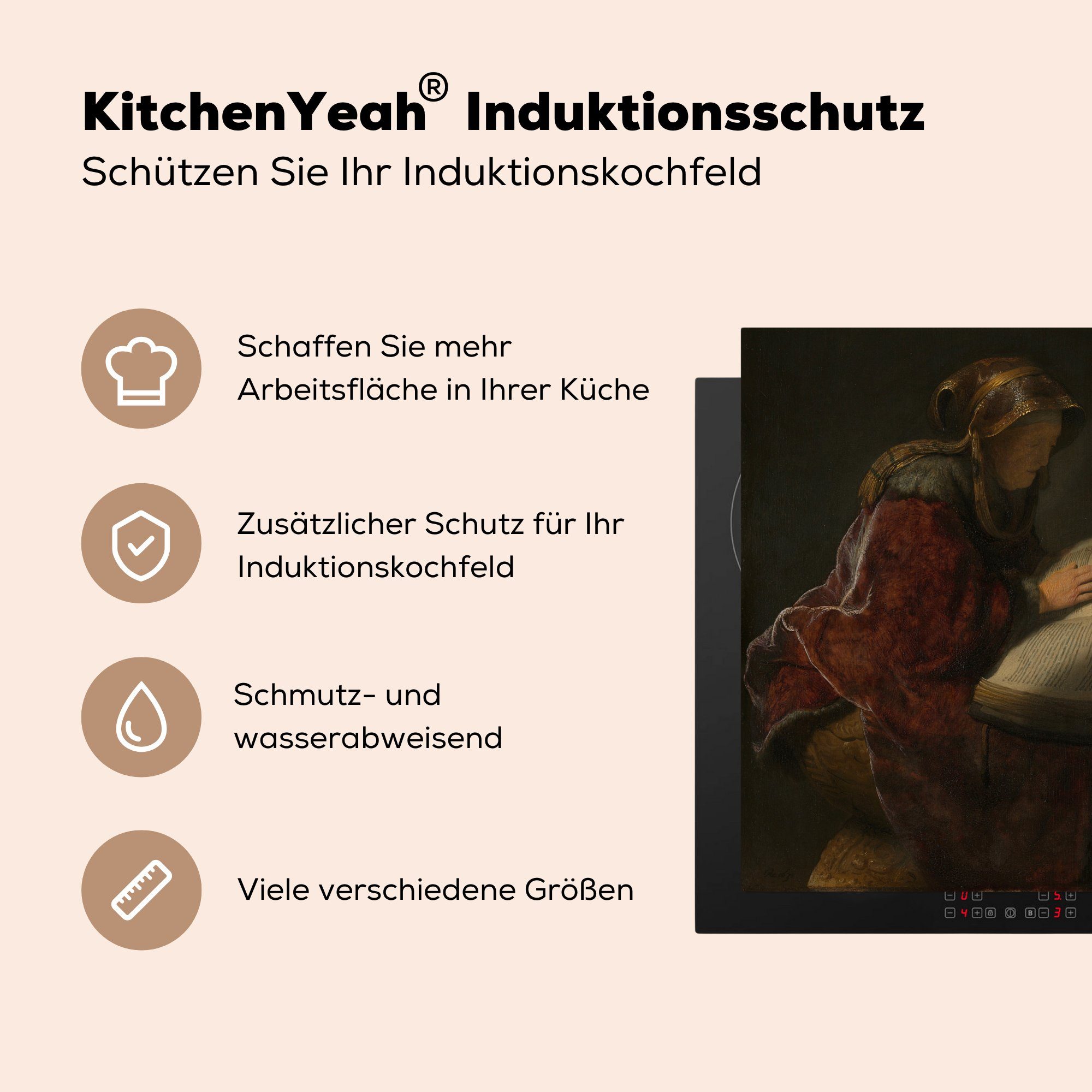 Rijn, liest MuchoWow küche tlg), Alte Herdblende-/Abdeckplatte van Hanna Ceranfeldabdeckung, Vinyl, - Prophetin (1 Arbeitsplatte Frau cm, 78x78 für Rembrandt