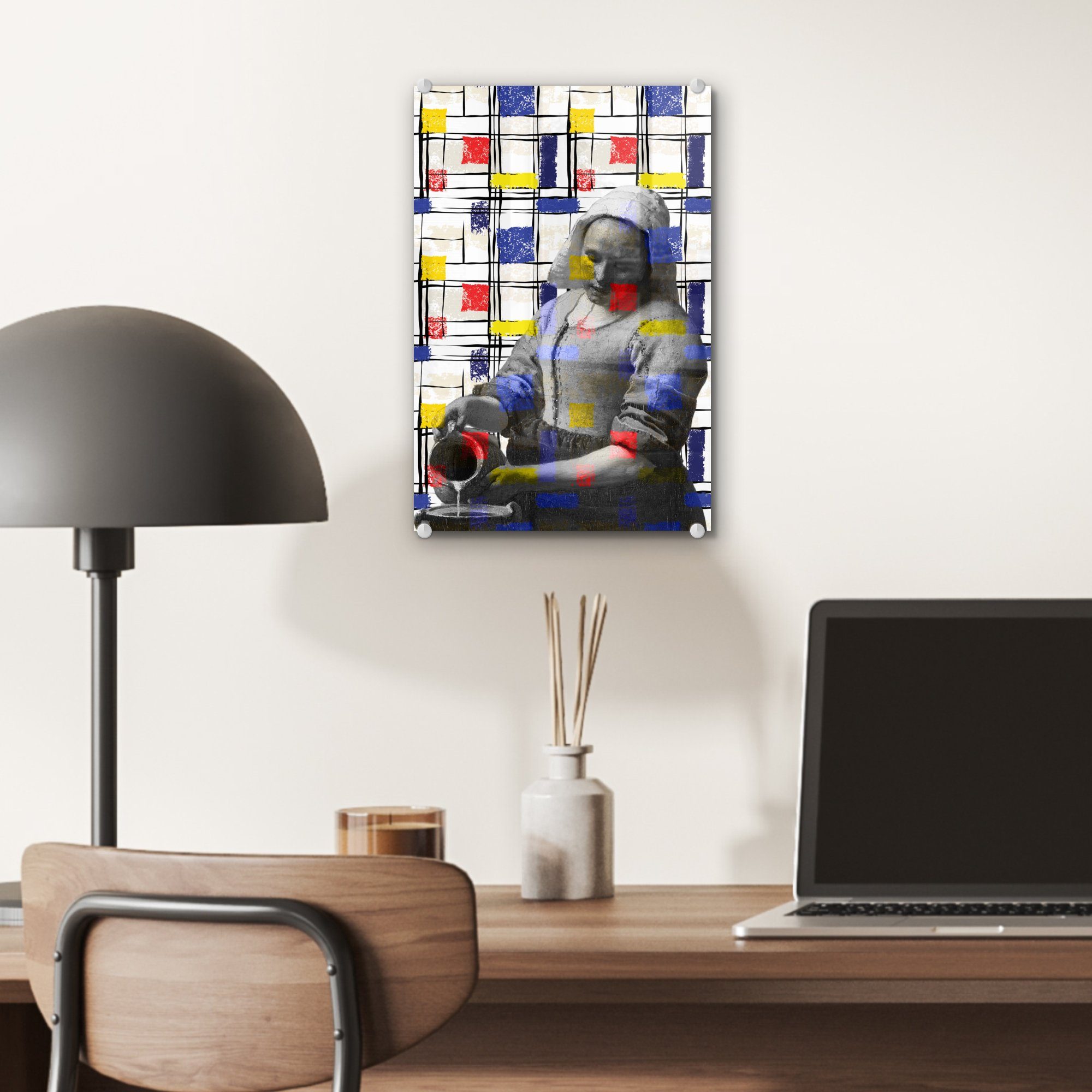 - auf - - Foto (1 Glas Glasbilder bunt St), auf Mondrian Bilder Collage, - Wandbild Glas - Acrylglasbild Wanddekoration Milchmädchen MuchoWow