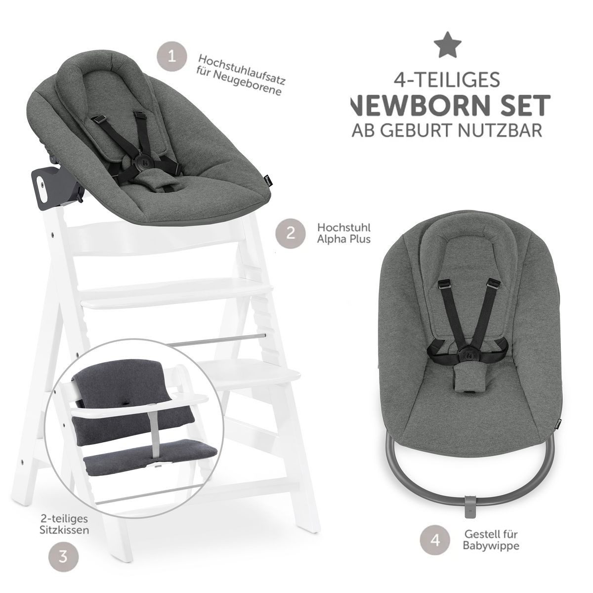 Hauck Hochstuhl Alpha Plus Newborn Set Premium - White, Holz Babyhochstuhl ab Geburt inkl. Neugeborenen Aufsatz & Sitzpolster