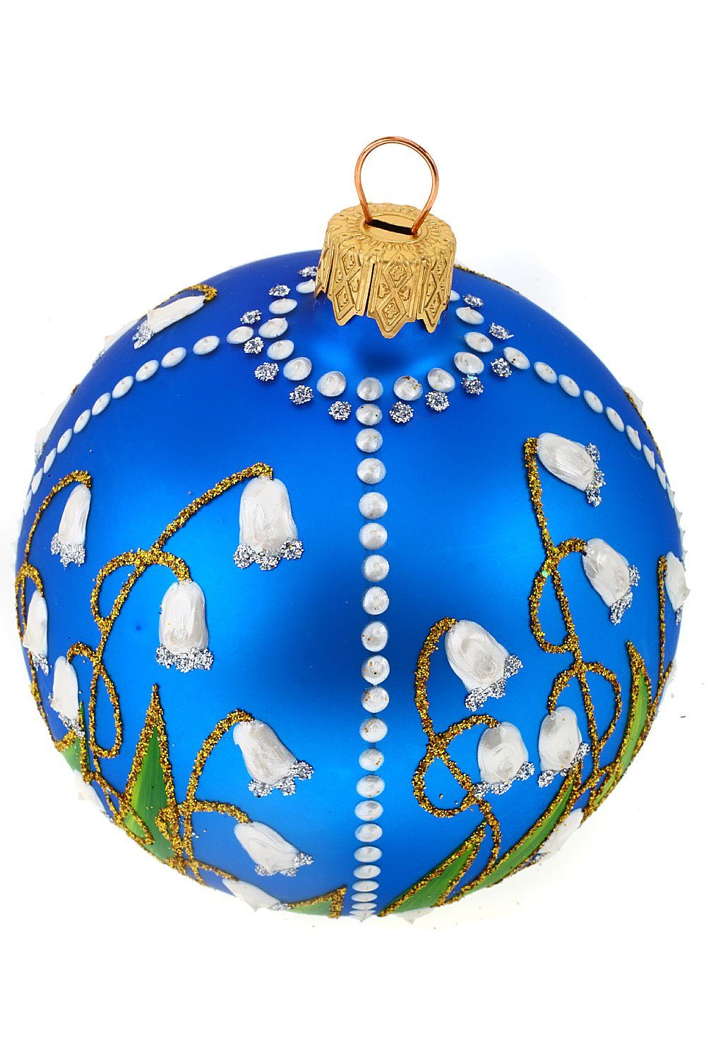 Christbaumkugel blau, mit Weihnachtskontor Maiglöckchen handdekoriert Weihnachtsbaumkugel Hamburger mundgeblasen -