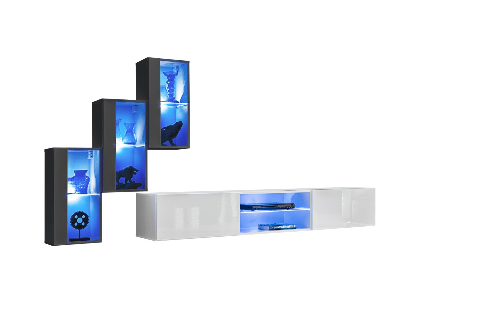 + TV-Ständer JVmoebel Luxus (4-St., Holzmöbel, Designer Wohnwand Ständer Hänge beleuchtet 3x TV Wandschrank Vitrine), LED 3x Wohnwand Möbel