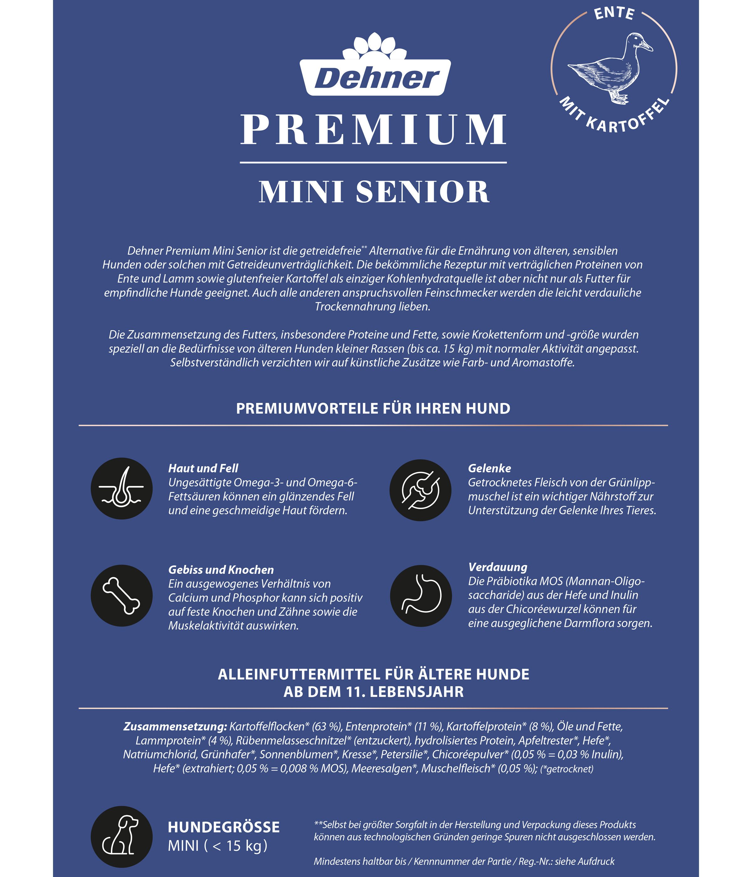 Dehner Premium Mini Senior Ente / Lamm / Kartoffel, 4 kg, getreidefrei Ente, Trockenfutter für: Hunde, Trockenfutter für ältere Hunde kleiner Rassen