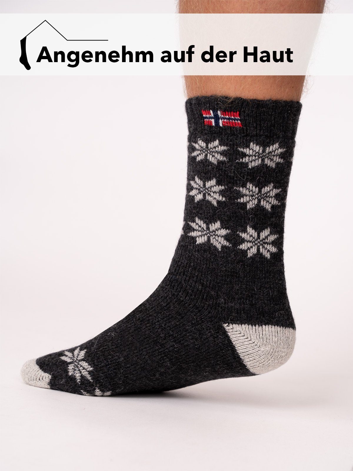 Wollsocke Norwegischem Design Socken Anthrazit HomeOfSocks Nordic "Snowflake Hyggelig Kuschelsocken Skandinavische 80% Dicke Hoher Norwegen" Wollanteil Warm Socken