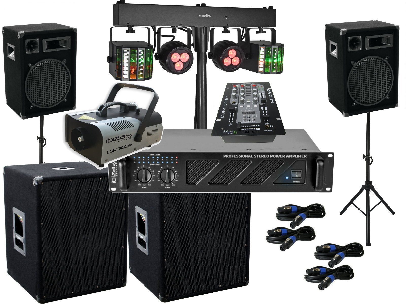 DJ Set Verstärker Mixer Subwoofer Boxen Nebel LED Licht Anlage Party-Lautsprecher