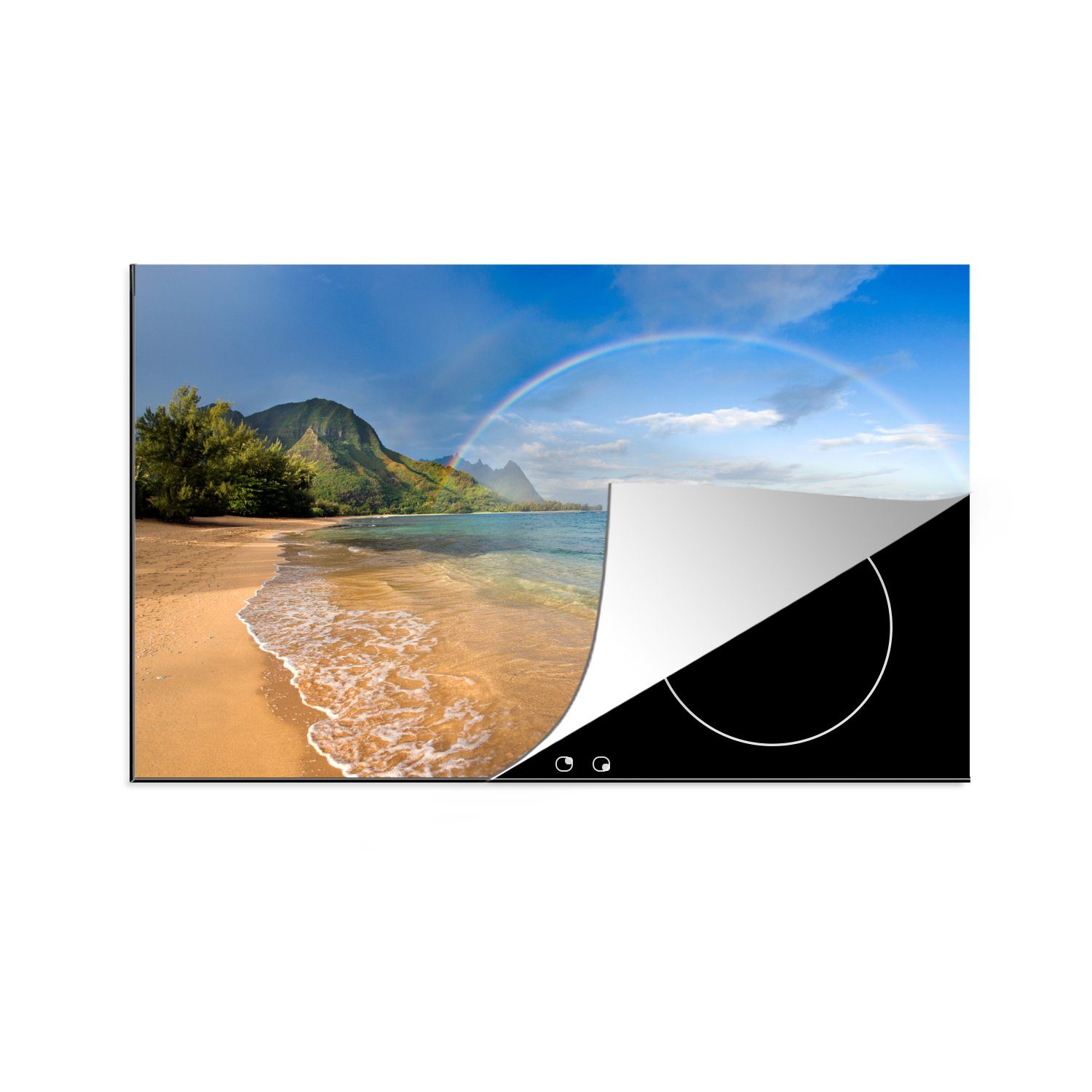 MuchoWow Herdblende-/Abdeckplatte Regenbogen über dem Meer von Kauai, Vinyl, (1 tlg), 81x52 cm, Induktionskochfeld Schutz für die küche, Ceranfeldabdeckung