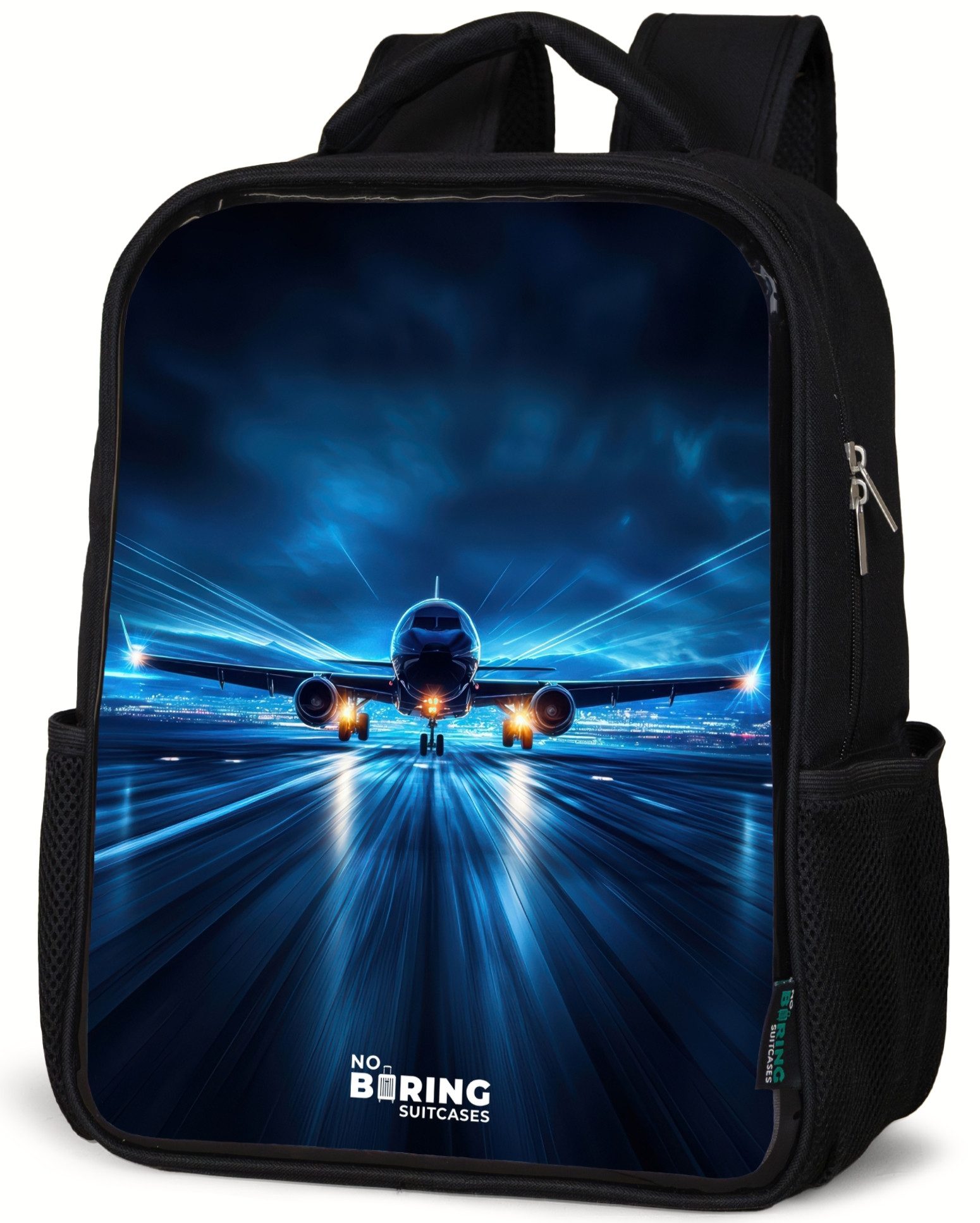NoBoringSuitcases.com© Rucksack Ein Flugzeug hebt in einer futuristischen Nachtlandschaft ab, Kinderrucksack Schwarz, Schulrucksack, Freizeitrucksack Jungen Mädchen