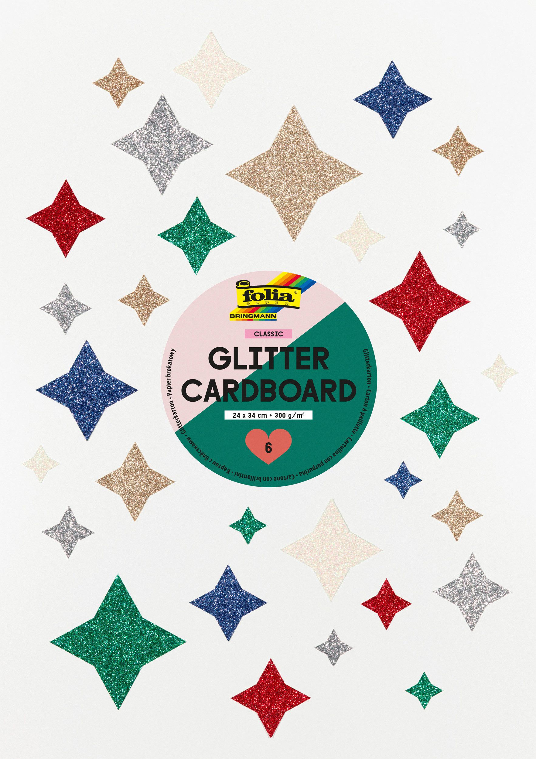 Folia Motivpapier Glitterkarton Rainbow, 6 Blatt