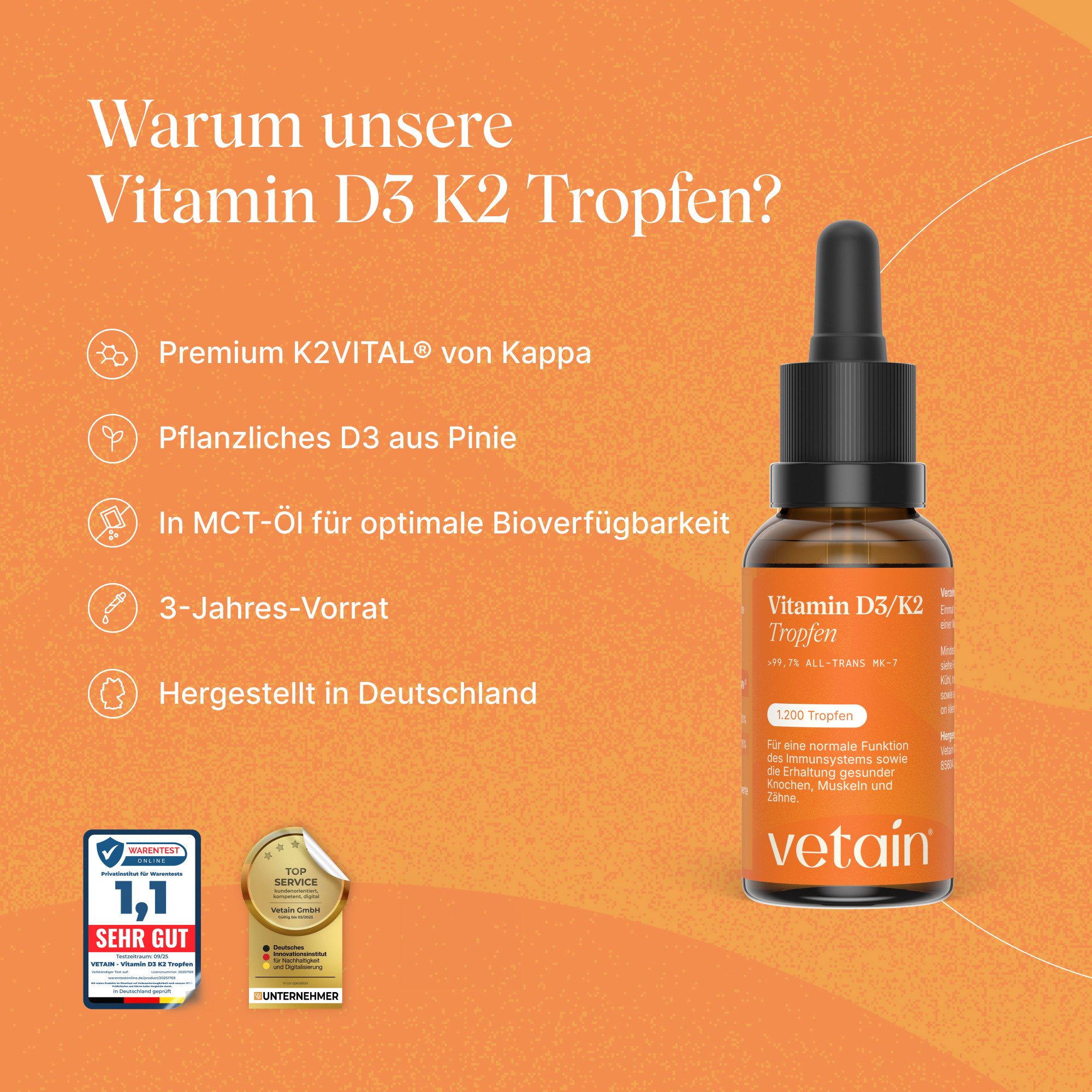 VETAIN Vitamin D3 K2 - 1000 I.E. Vitamin D & 12µg Vitamin K2 - Tropfen, 1200 St., 30 ml, Vitamin D3 aus Pinie + K2Vital®