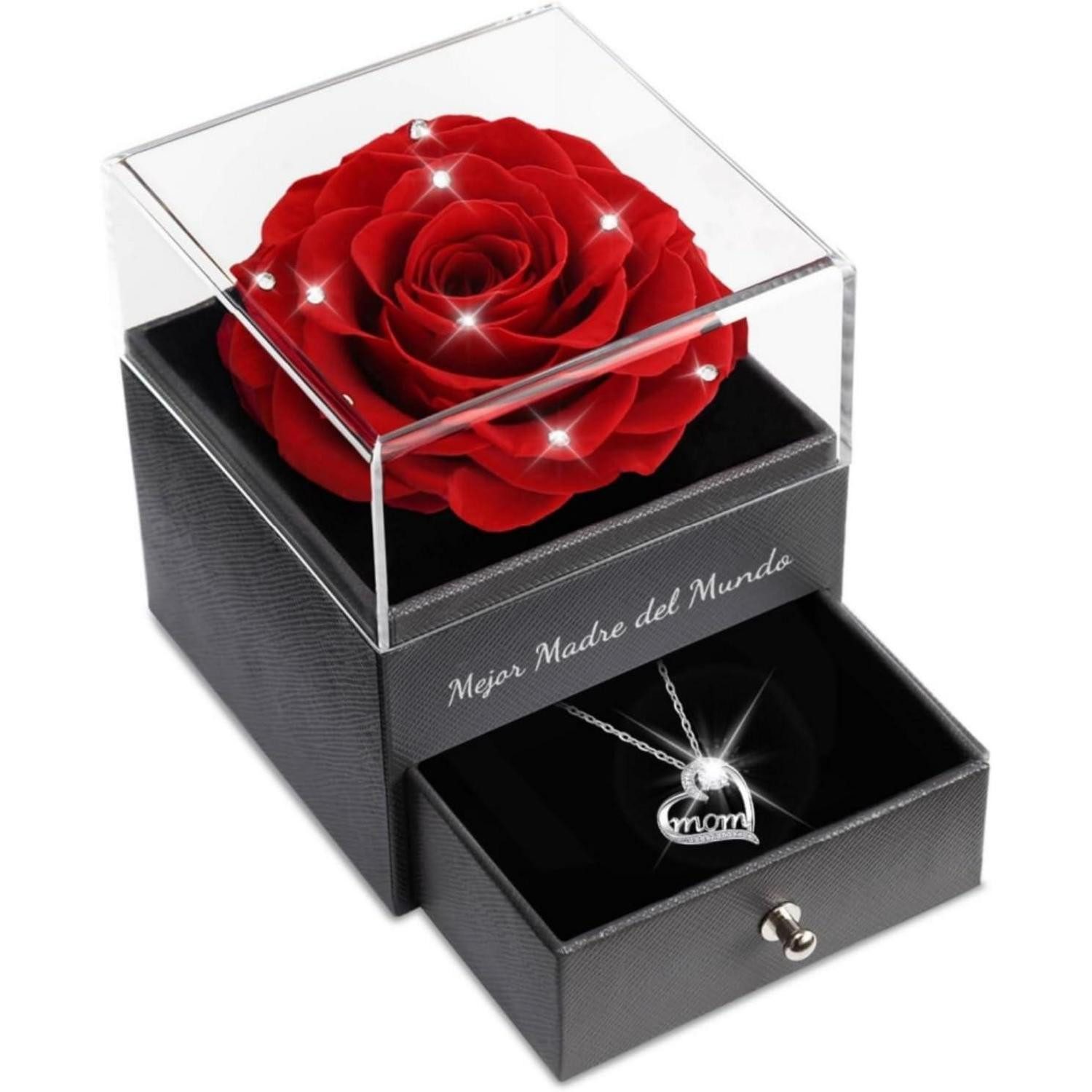 LuxusKollektion Schmuckset mit Gravur Ewige Rose Geschenkset für Mama, 925 Silber Mom Halskette, Mejor Madre