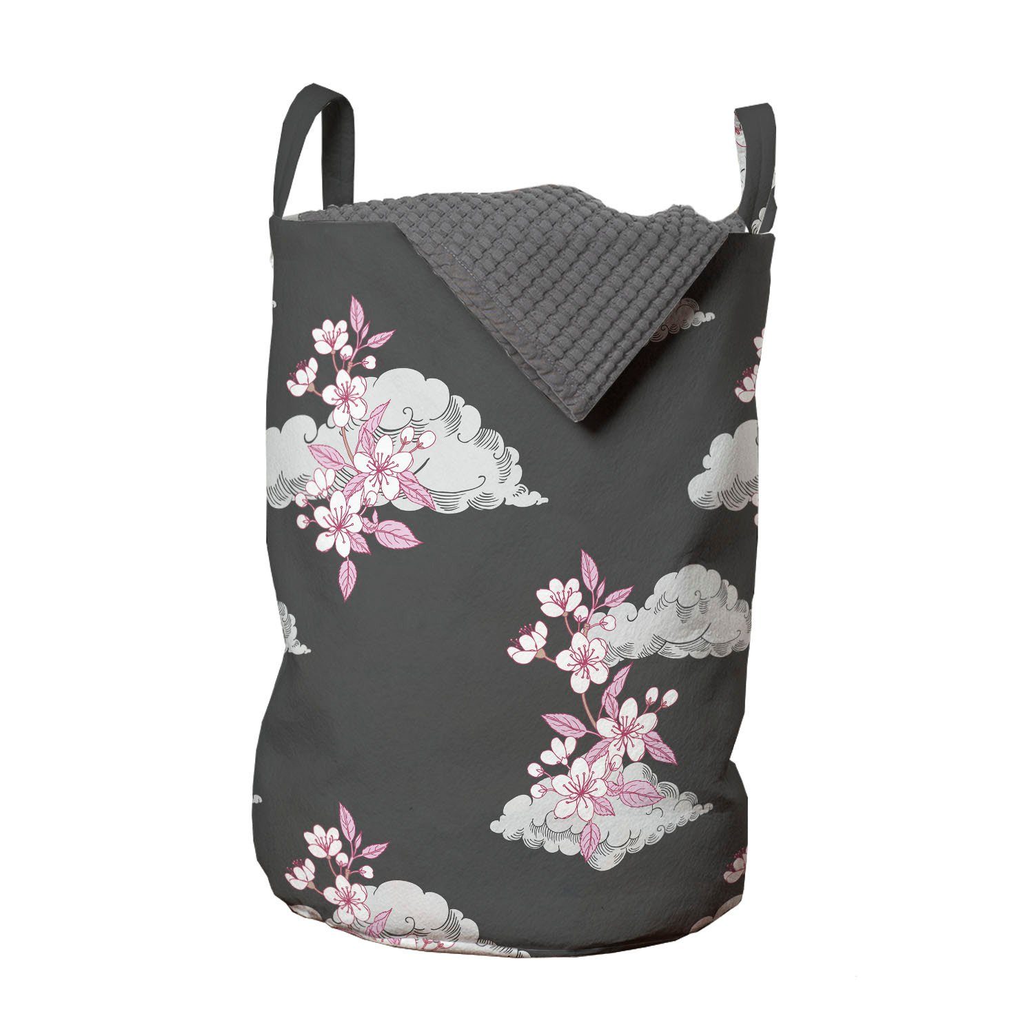 Abakuhaus Wäschesäckchen Wäschekorb mit Griffen Kordelzugverschluss für Waschsalons, Blumen Sakura-Blüten auf Wolken