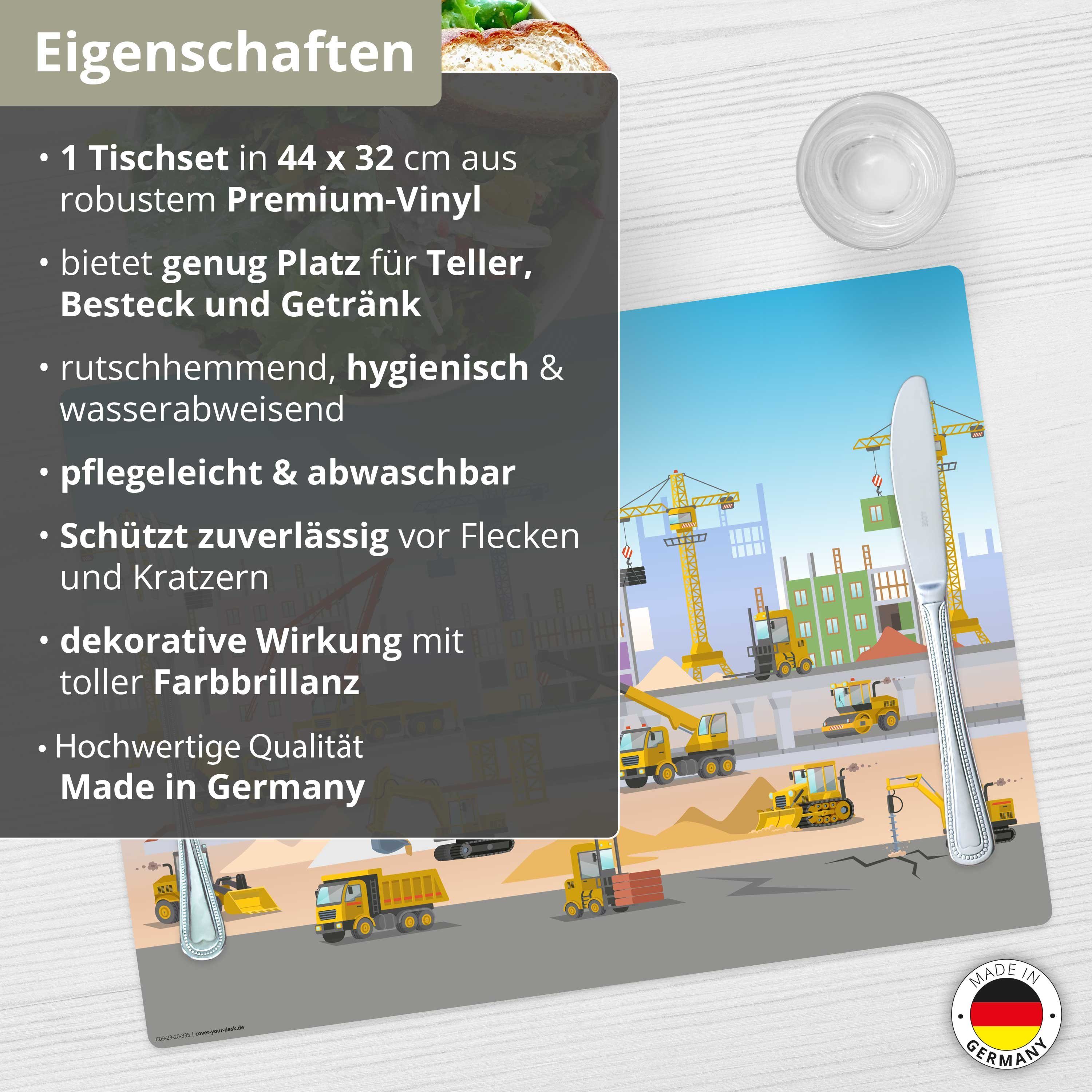 Tischsetmacher Platzset Tischset,  Platzset abwaschbar - Für Kinder - Baustelle mit Fahrzeugen, (aus erstklassigem Vinyl (Kunststoff - BPA-frei), 1-St., 44 x 32 cm - rutschfeste Tischdekoration), Made in Germany