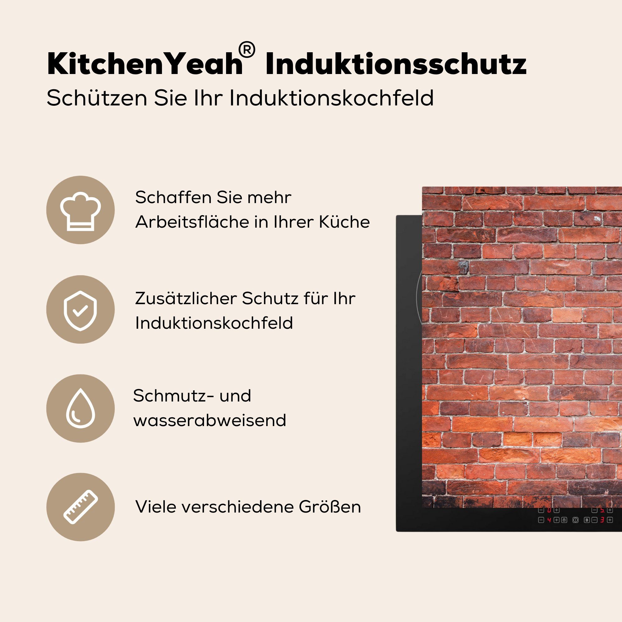 MuchoWow 81x52 cm, die - Herdblende-/Abdeckplatte Wand küche, Schutz Rot, Vinyl, Ziegel (1 tlg), für Induktionskochfeld - Ceranfeldabdeckung