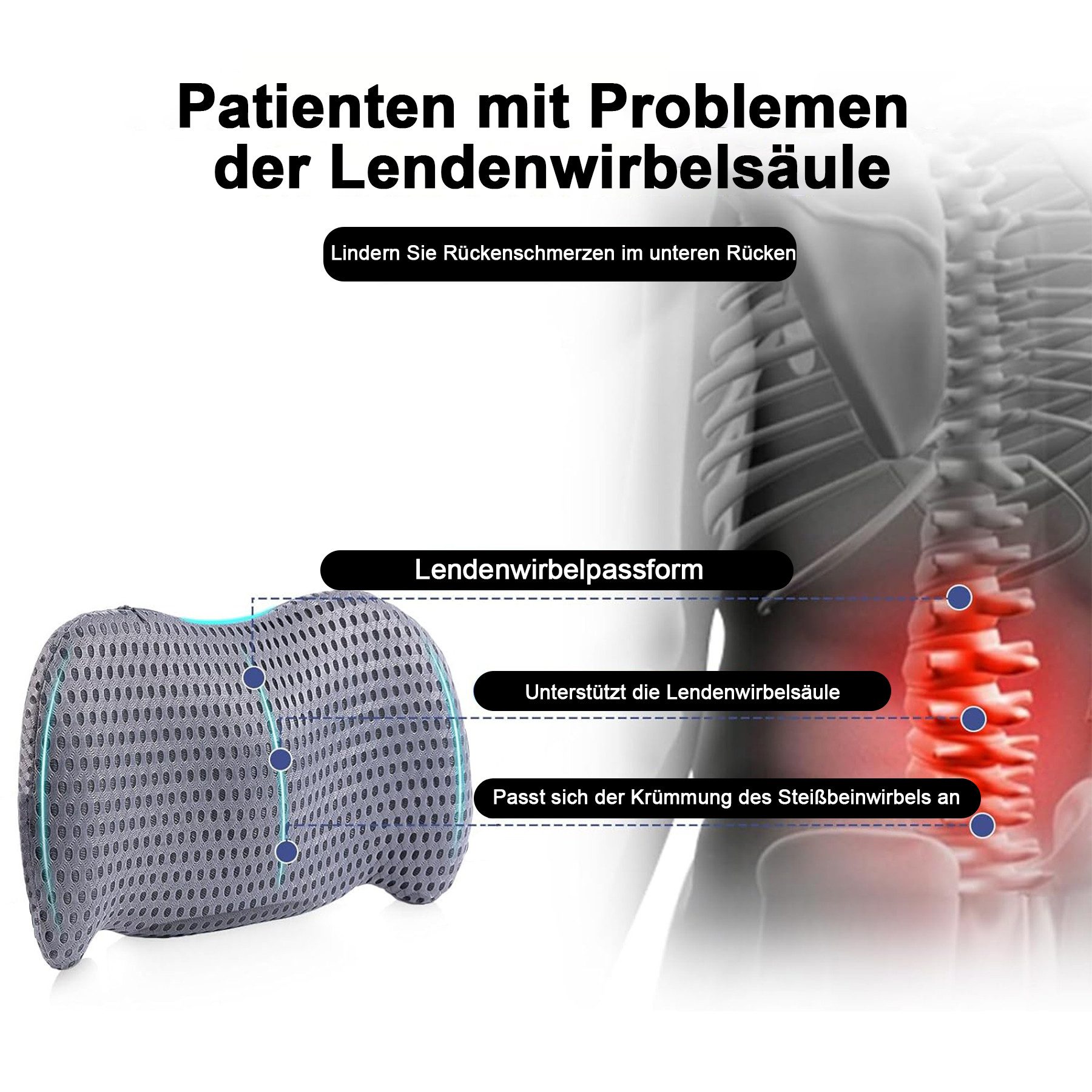 Mutig Rückenkissen Lumbalkissen Rückenkissen, Ergonomisches Lendenkissen aus Memory Foam, Rückenpolster für Back Support, Lendenstützkissen für Autositze, Lumbalkissen für Bürostuhl und Autositz, Rückenstützkissen, für unteren Rücken,verstellbares Rückenkissen zum Ausruhen,Schlafen