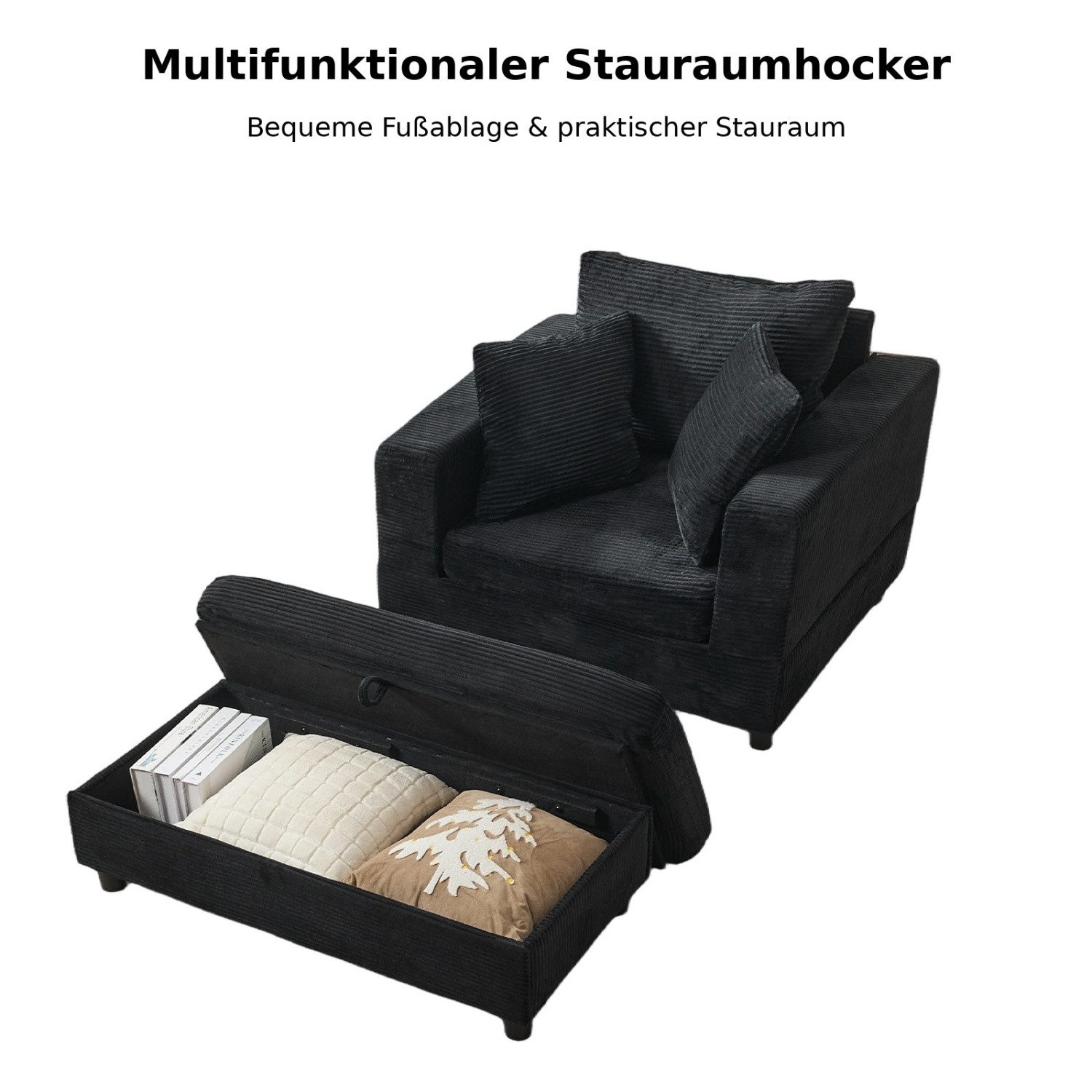 ANYSUN XXL-Sessel Loveseat mit Stauraumhocker, breiter Sitzfläche & 3 Rückenkissen (2-St), Cordsessel mit gepolsterten Armlehnen für Wohnzimmer & Leseecke – Bild 5 von 5
