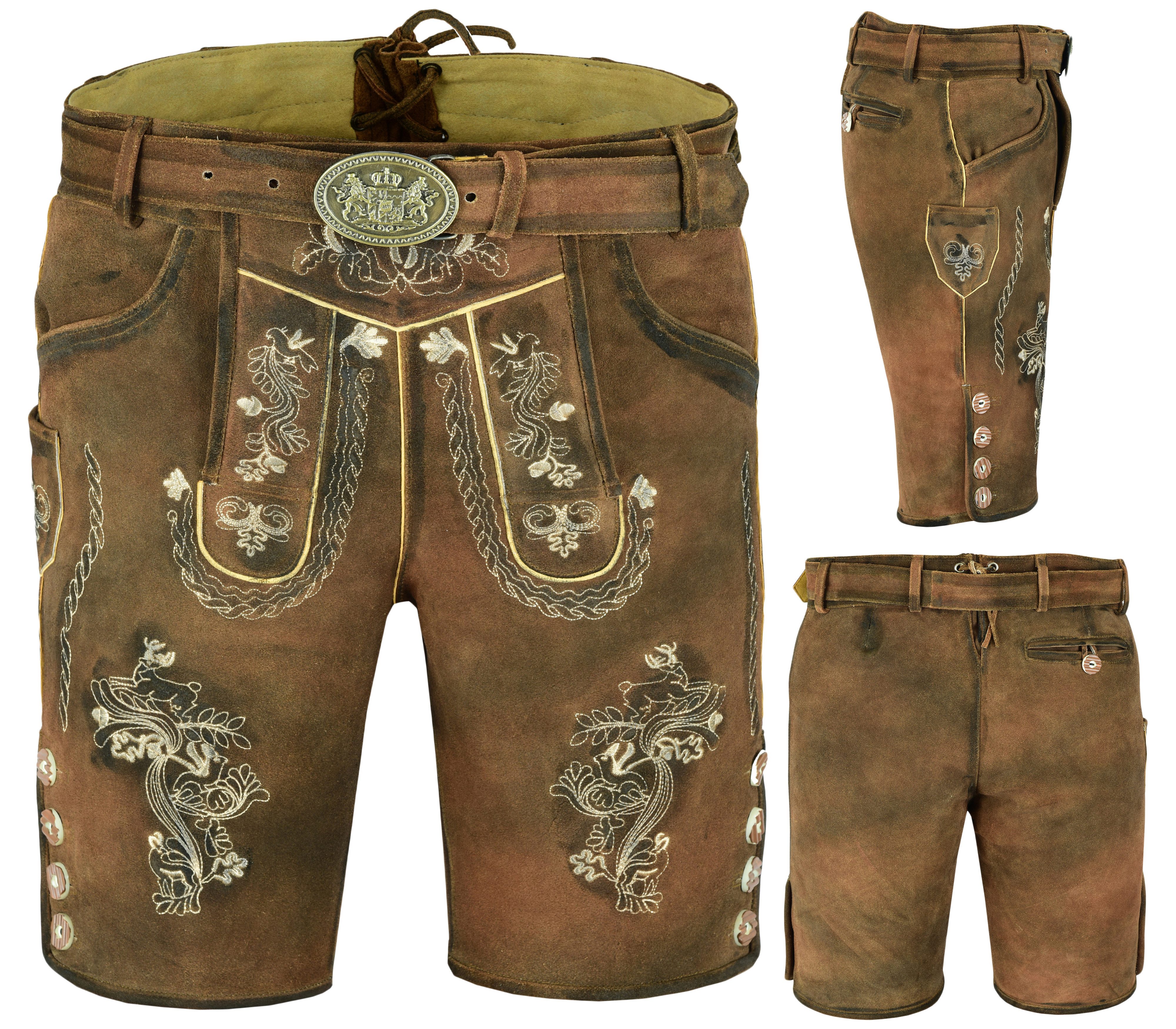 Myooka Trachtenlederhose Herren Lederhose Kurz Antik mit Gürtel in Braun Dunkelbraun Grüntöne
